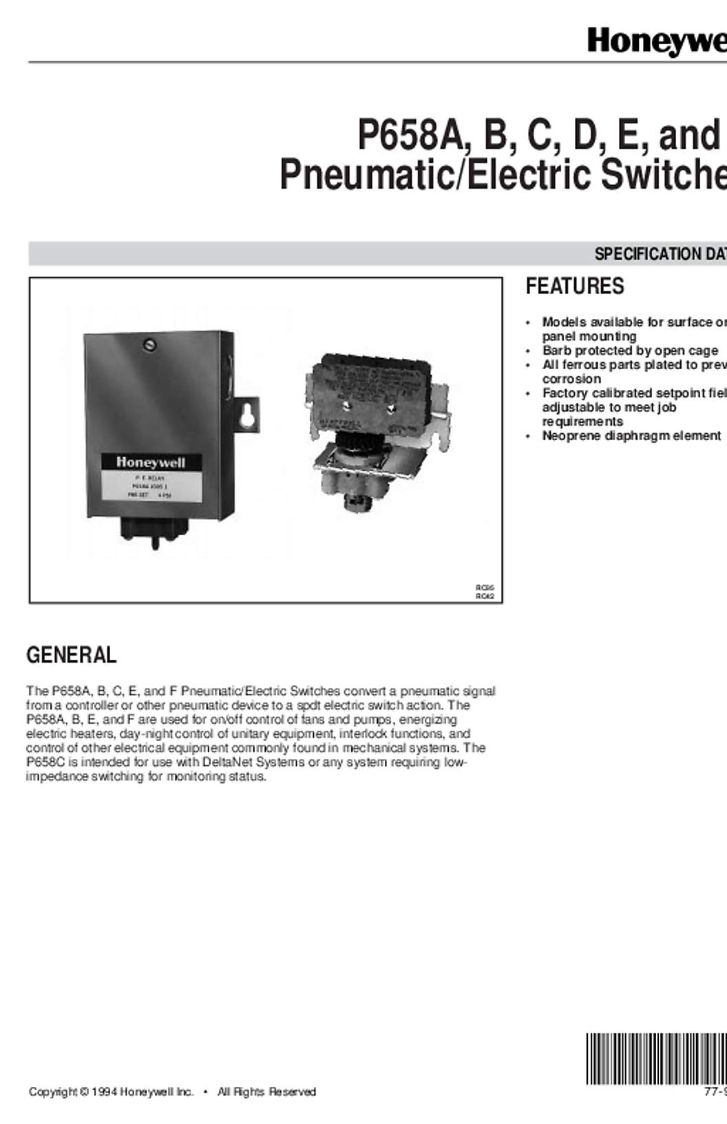 Honeywell 77-9829 - P658A, B, C, D, E, and F Pneumatic/Electric Switches