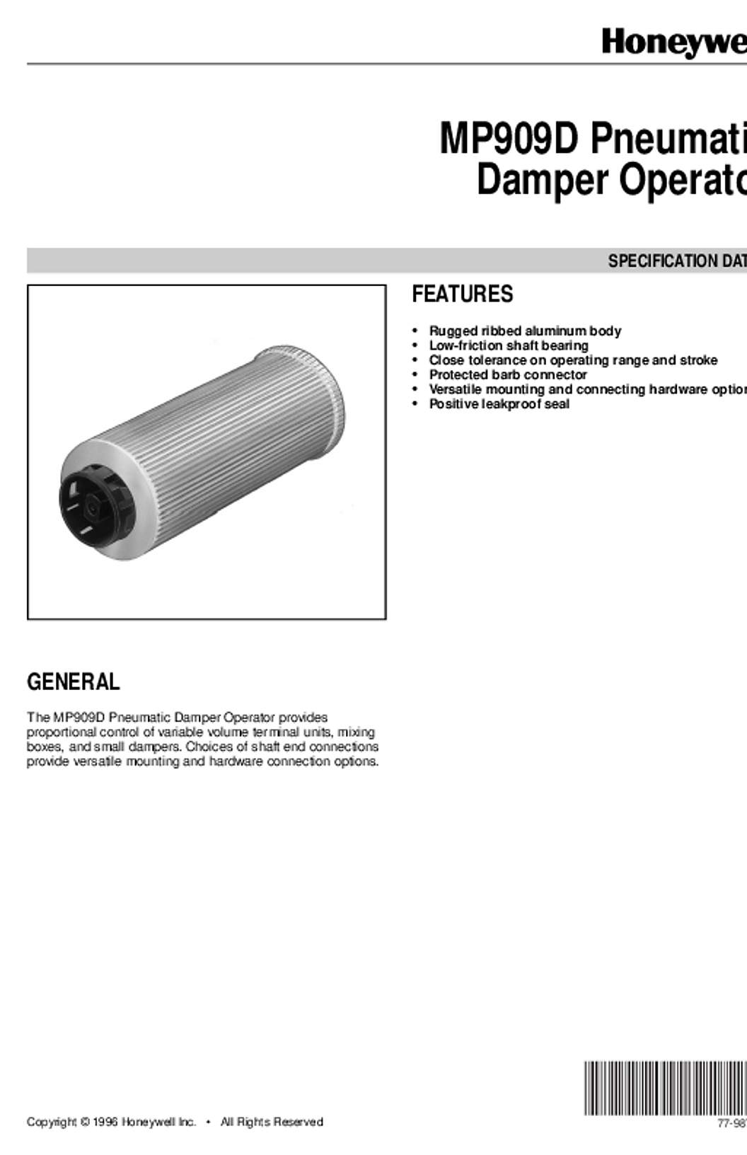 Honeywell 77-9870 - MP909D Pneumatic Damper Operator