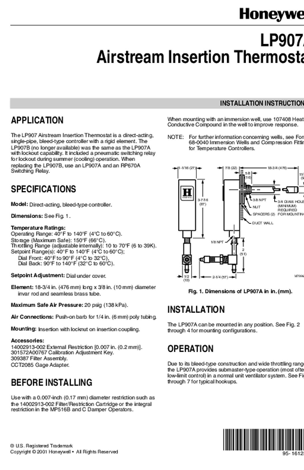 Honeywell 95-1612EF - LP907A Airstream Insertion Thermostat