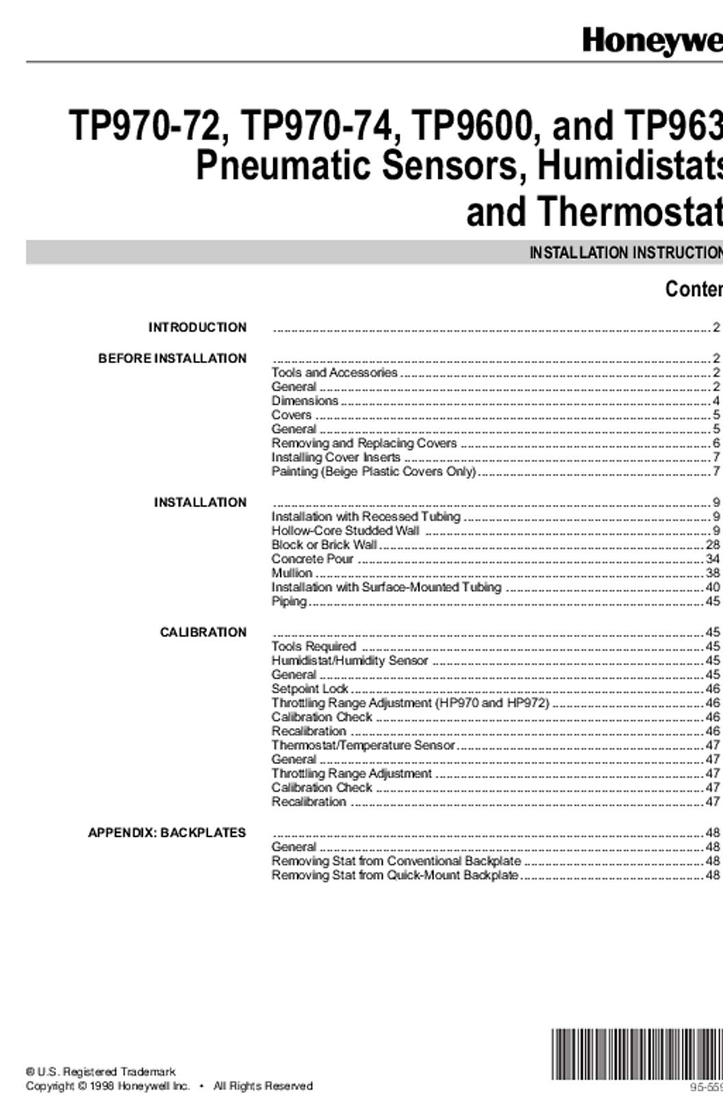 Honeywell 95-5597 - TP970-72, TP970-74, TP9600, and TP9630 Pneumatic Sensors, Humidistats, and Thermostats