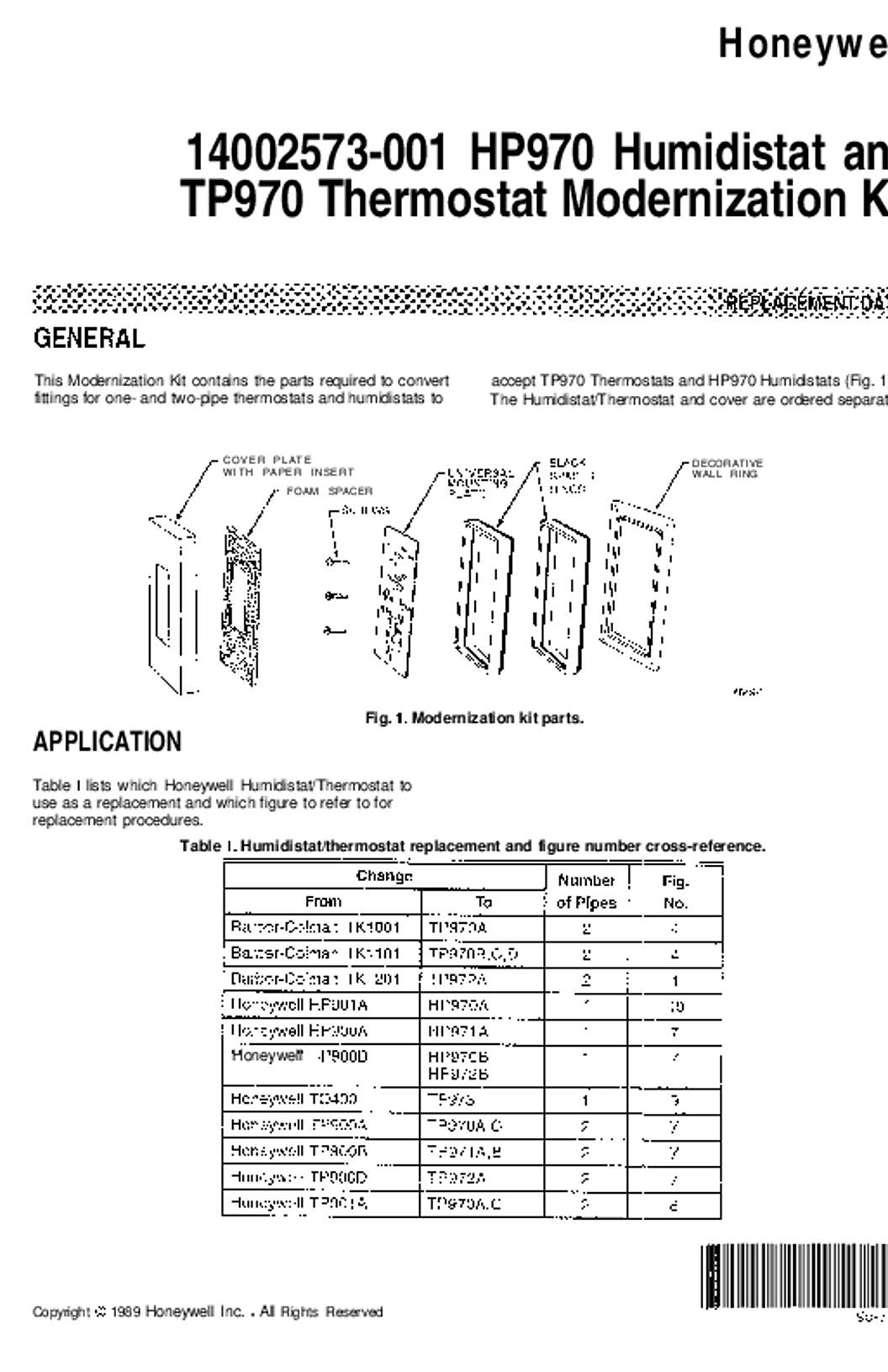 Honeywell 95-7135 - 14002573-001 HP970 Humidistat and TP970 Thermostat Modernization Kit