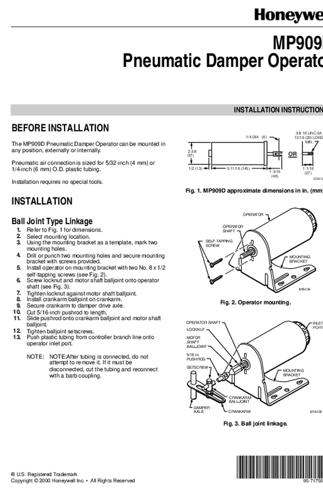 Honeywell 95-7175EF.fm, MP909D PNEUMATIC DAMPER OPERATOR