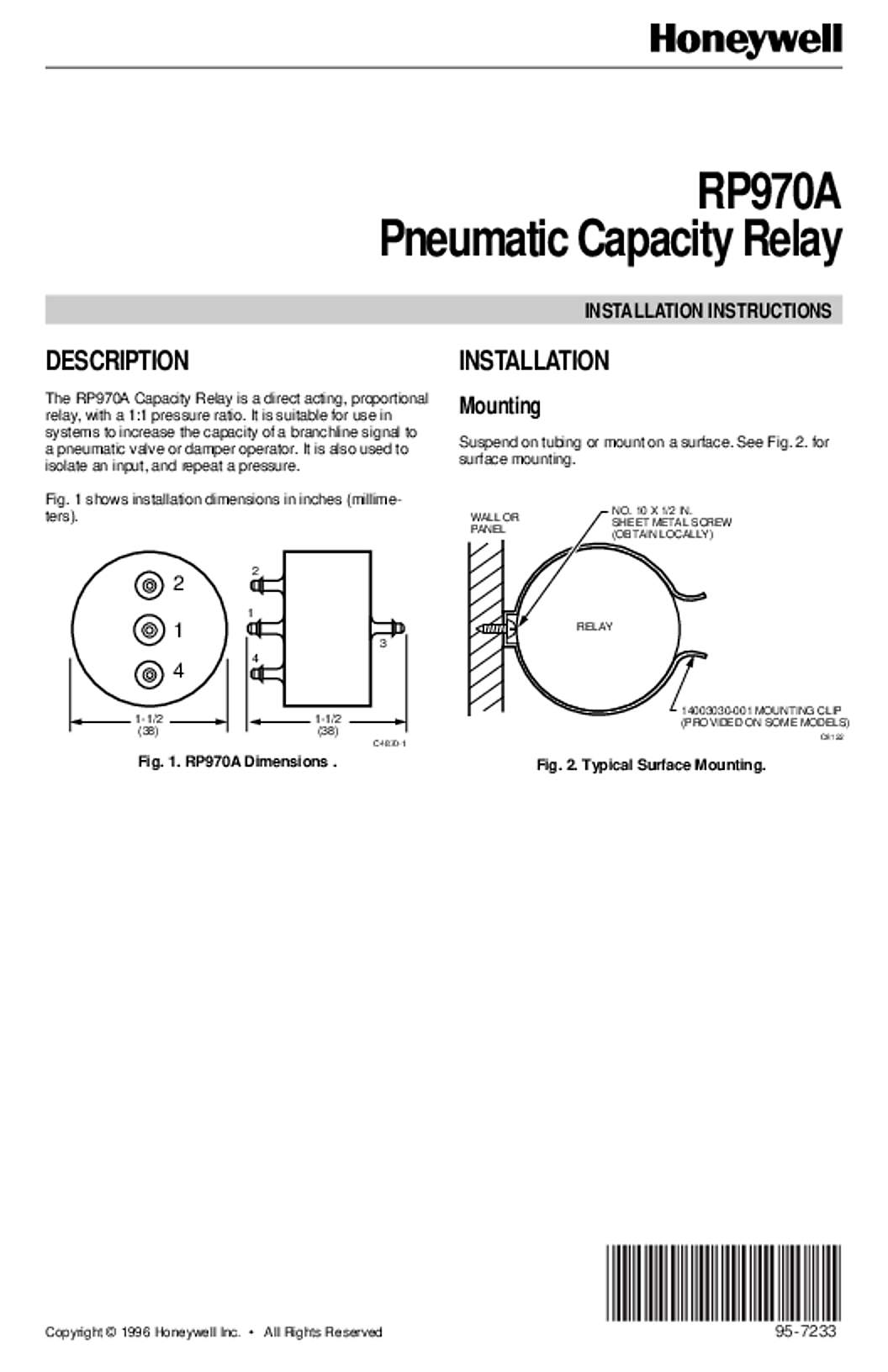 Honeywell 95-7233 - RP670A Pneumatic Capacity Relay