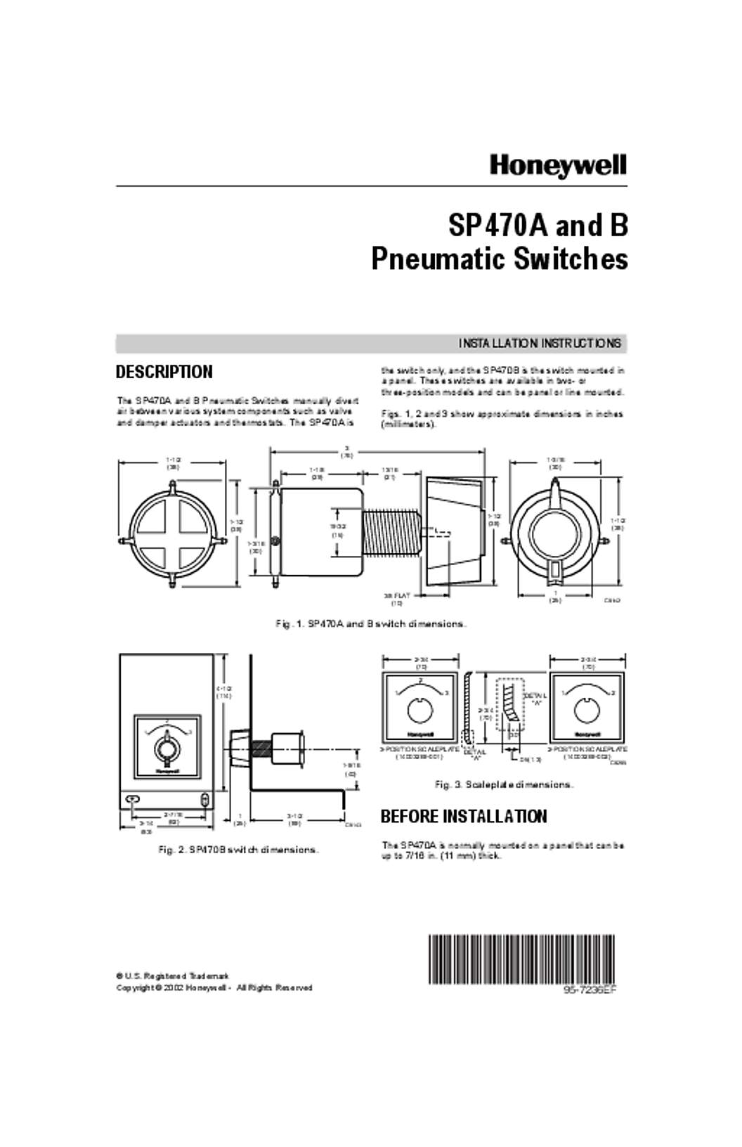 Honeywell 95-7236 - SP470A and B Pneumatic Switches