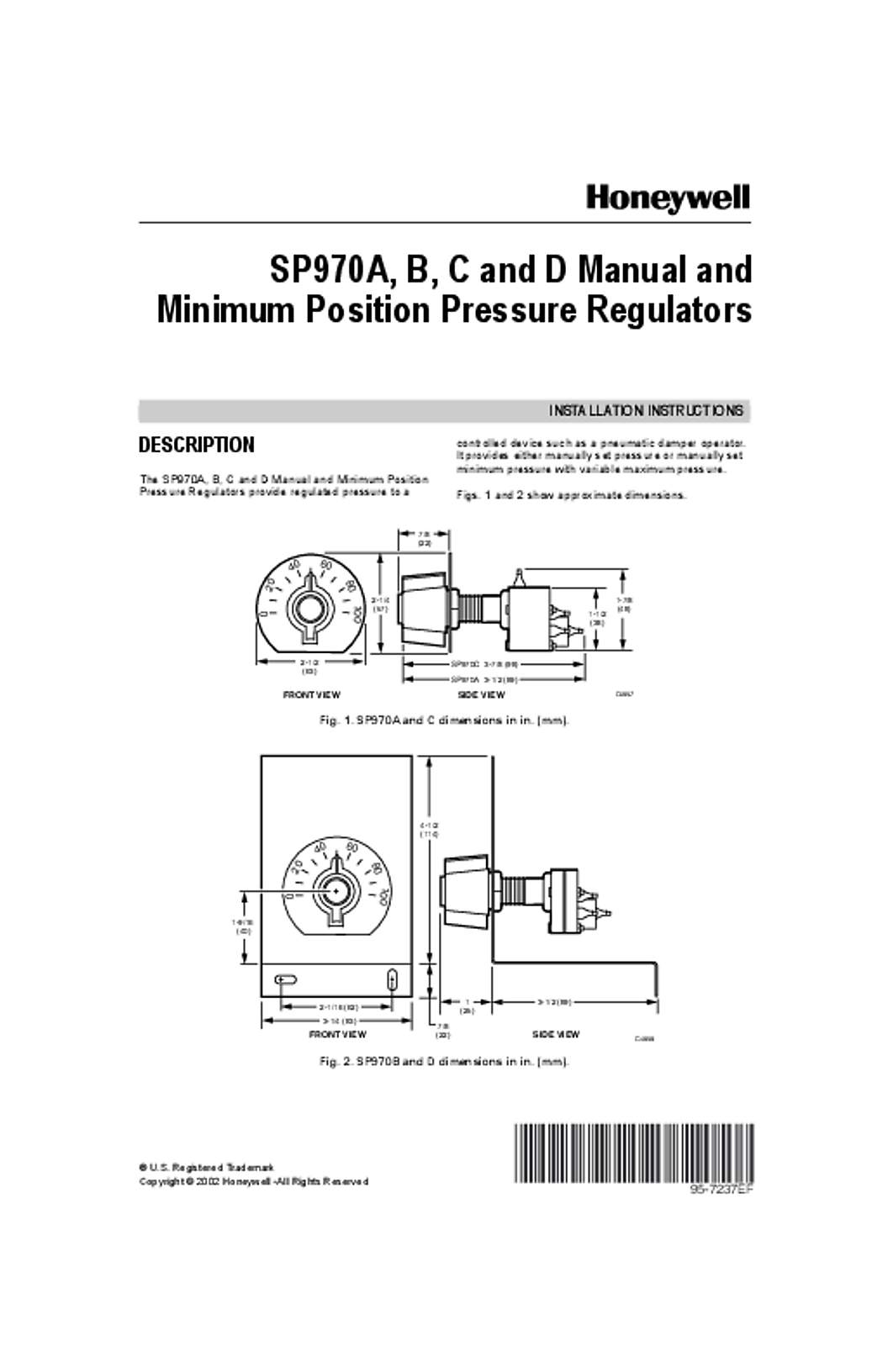 Honeywell 95-7237EF - SP970A,B,C and D Manual and Minimum Position Pressure Regulators