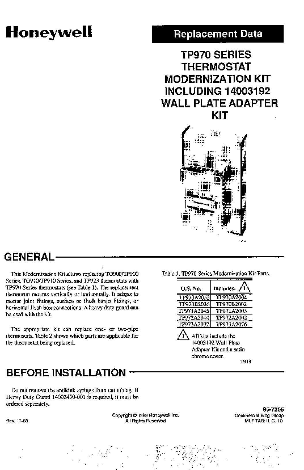 Honeywell Series Thermostat Modernization Kit with Wall Plate Adapter Kit