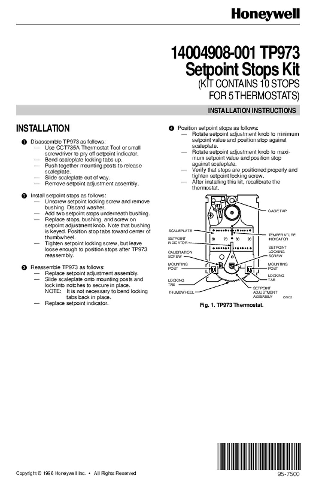Honeywell 95-7500 - 14004908-001 TP973 Setpoint Stops Kit (Kit Contains 10 Stops for 5 Thermostats)