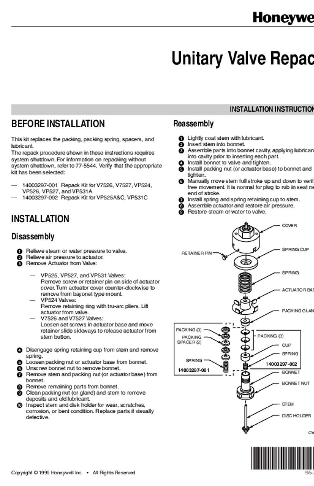 Honeywell 95-7527 - Unitary Valve Repack