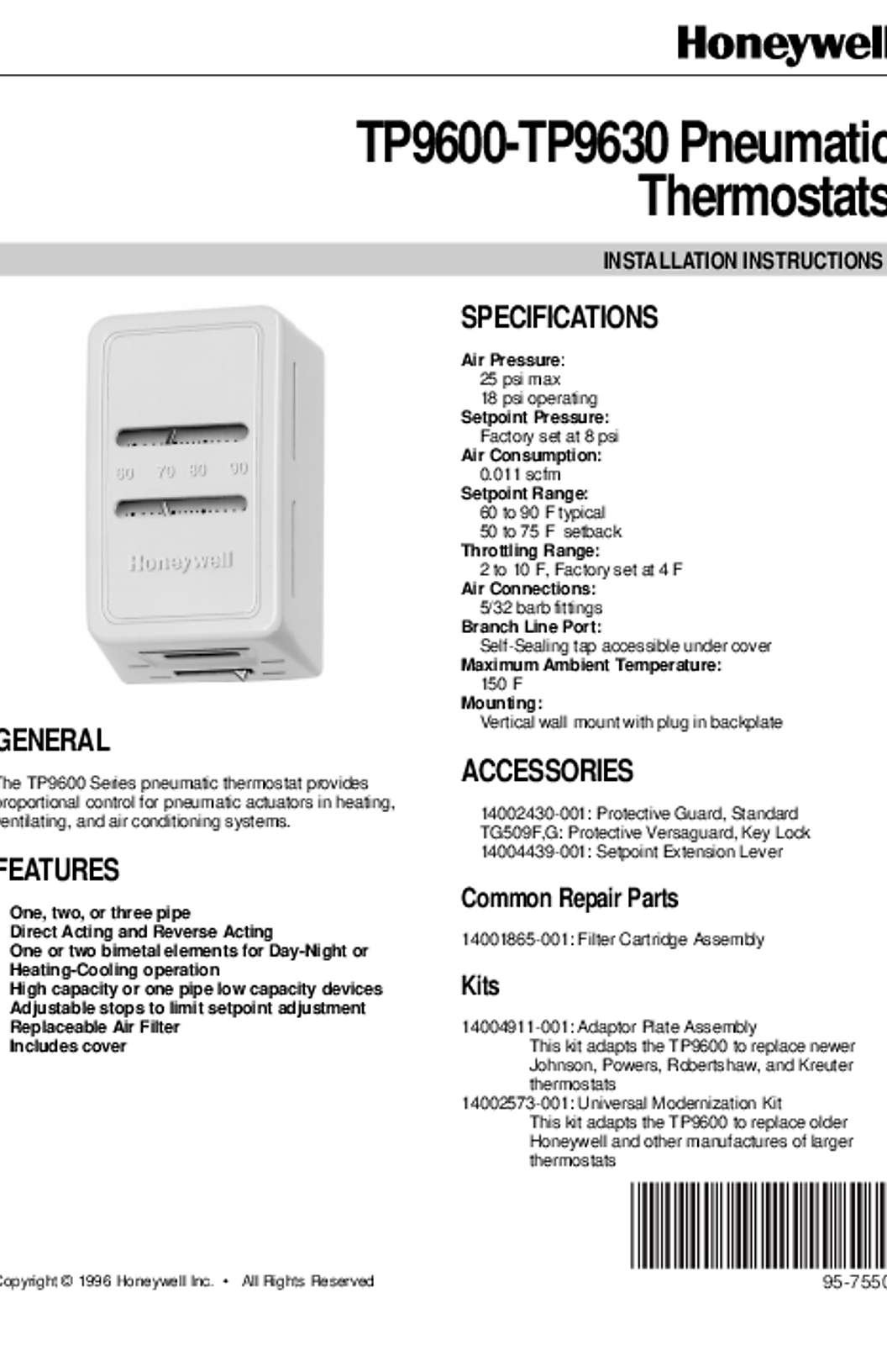 Honeywell 95-7550 - TP9600-TP9630 Pneumatic Thermostat