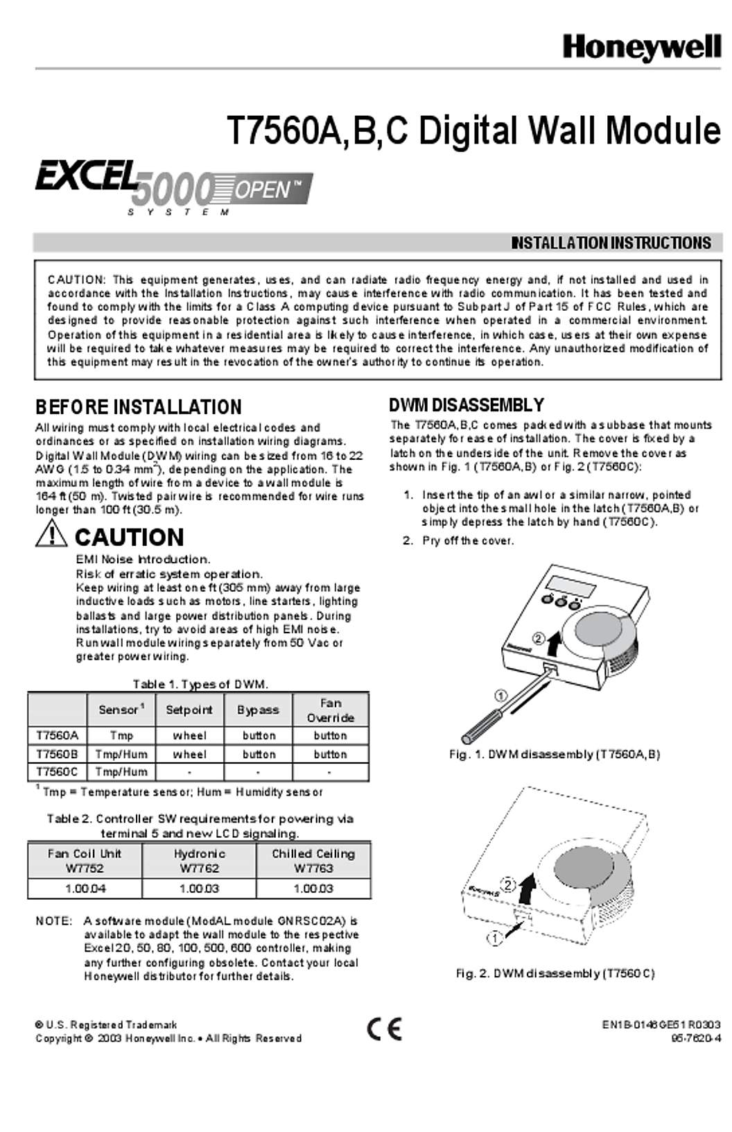 Honeywell 95-7620-4 - T7560A,B Digital Wall Module