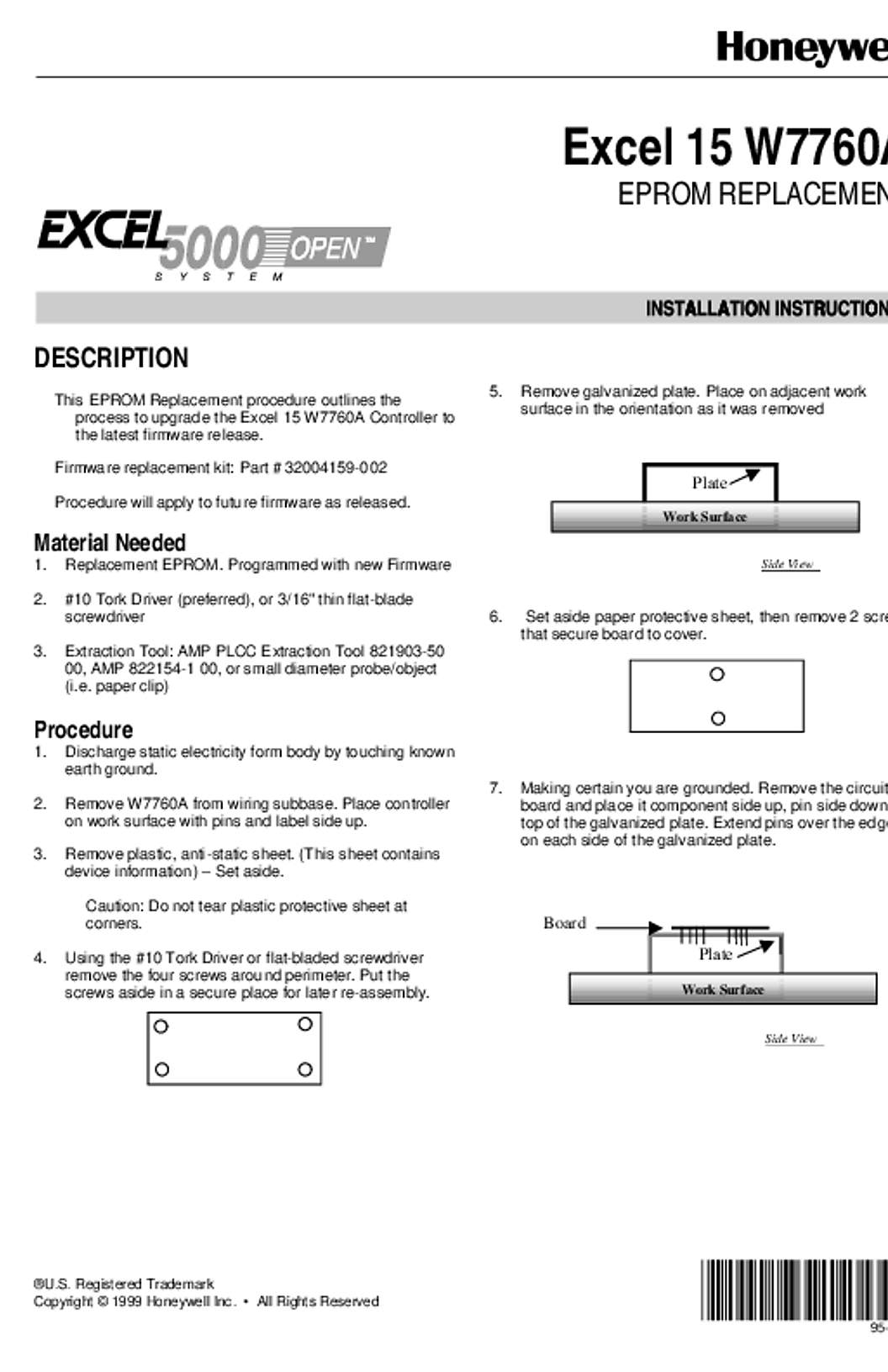 Honeywell Excel 15 W7760A EPROM Replacement Instructions