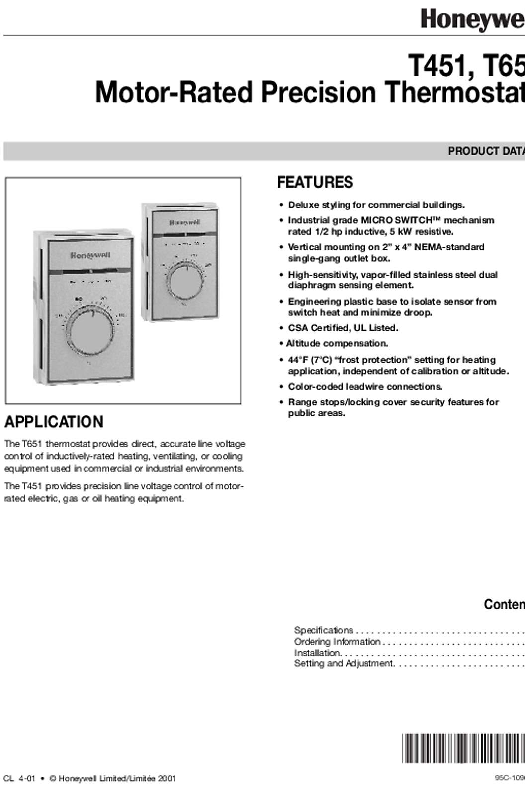 Honeywell 95C10903 -T451, T651 Motor-Rated Precision Thermostats