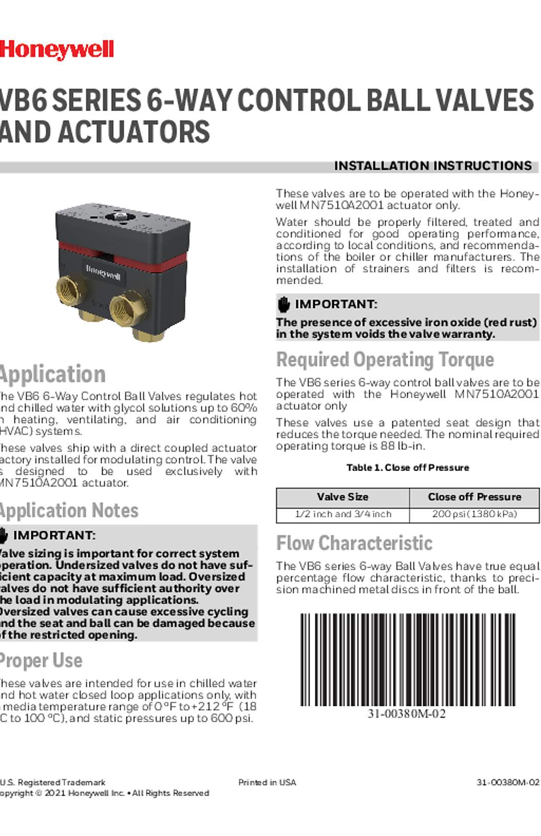 Honeywell 6-Way Valve Installation Instructions