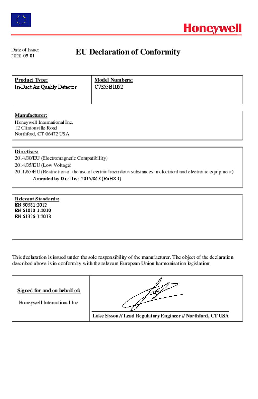 Honeywell EU Declaration of Conformity