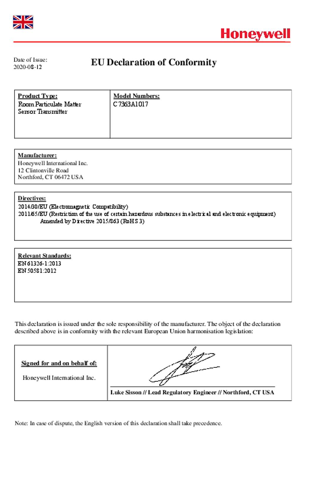 Honeywell EU Declaration of Conformity