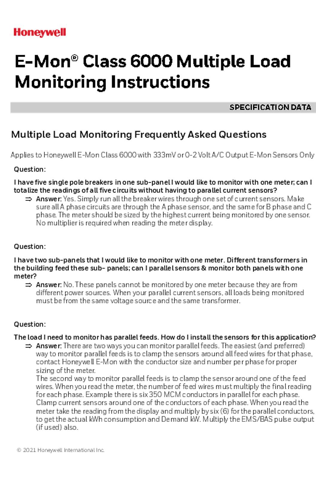 Honeywell o E-Mon Class 6000 Multiple Load Monitoring Specification Data