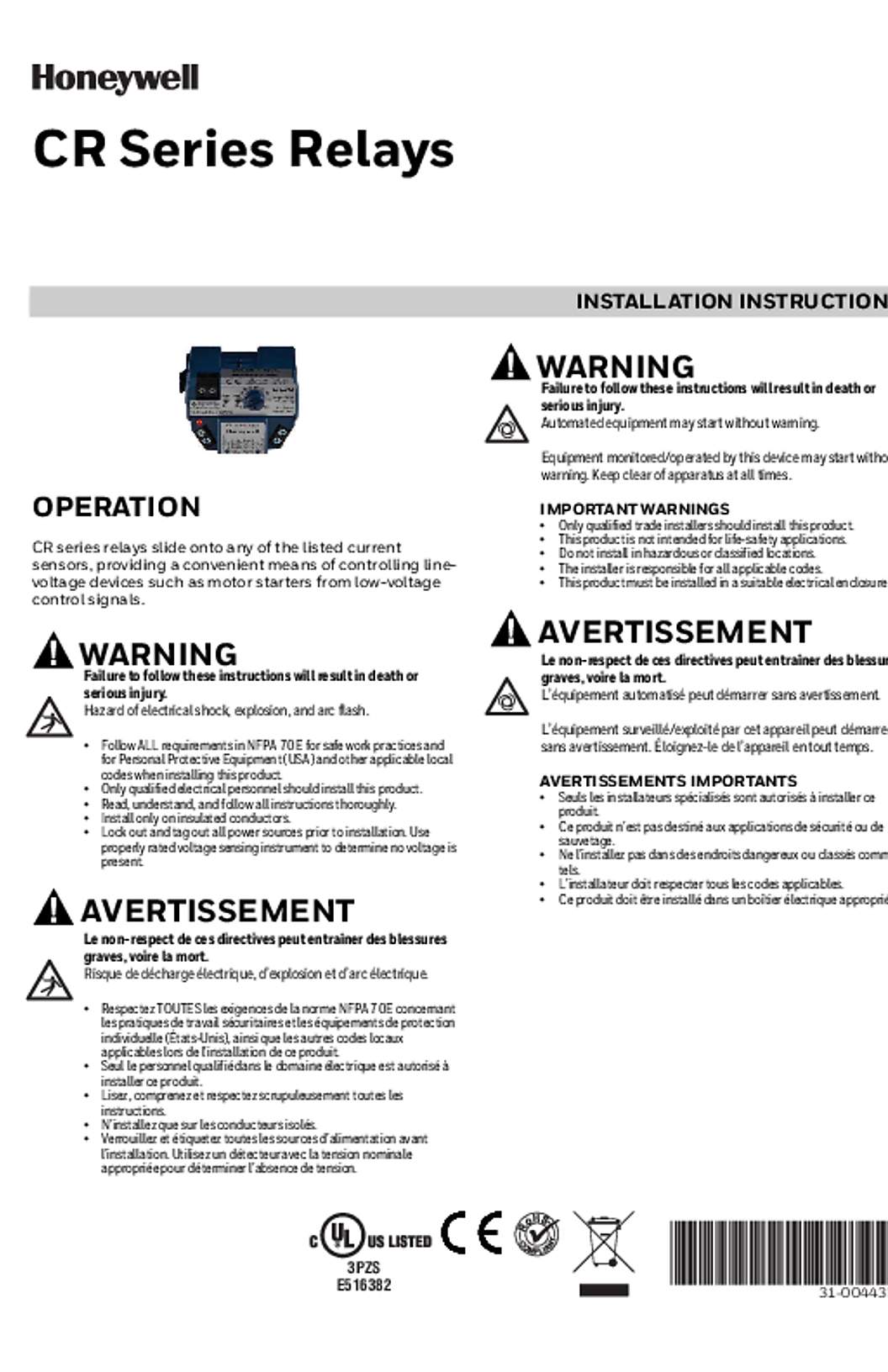 Honeywell CR Series Relays Installation Instructions