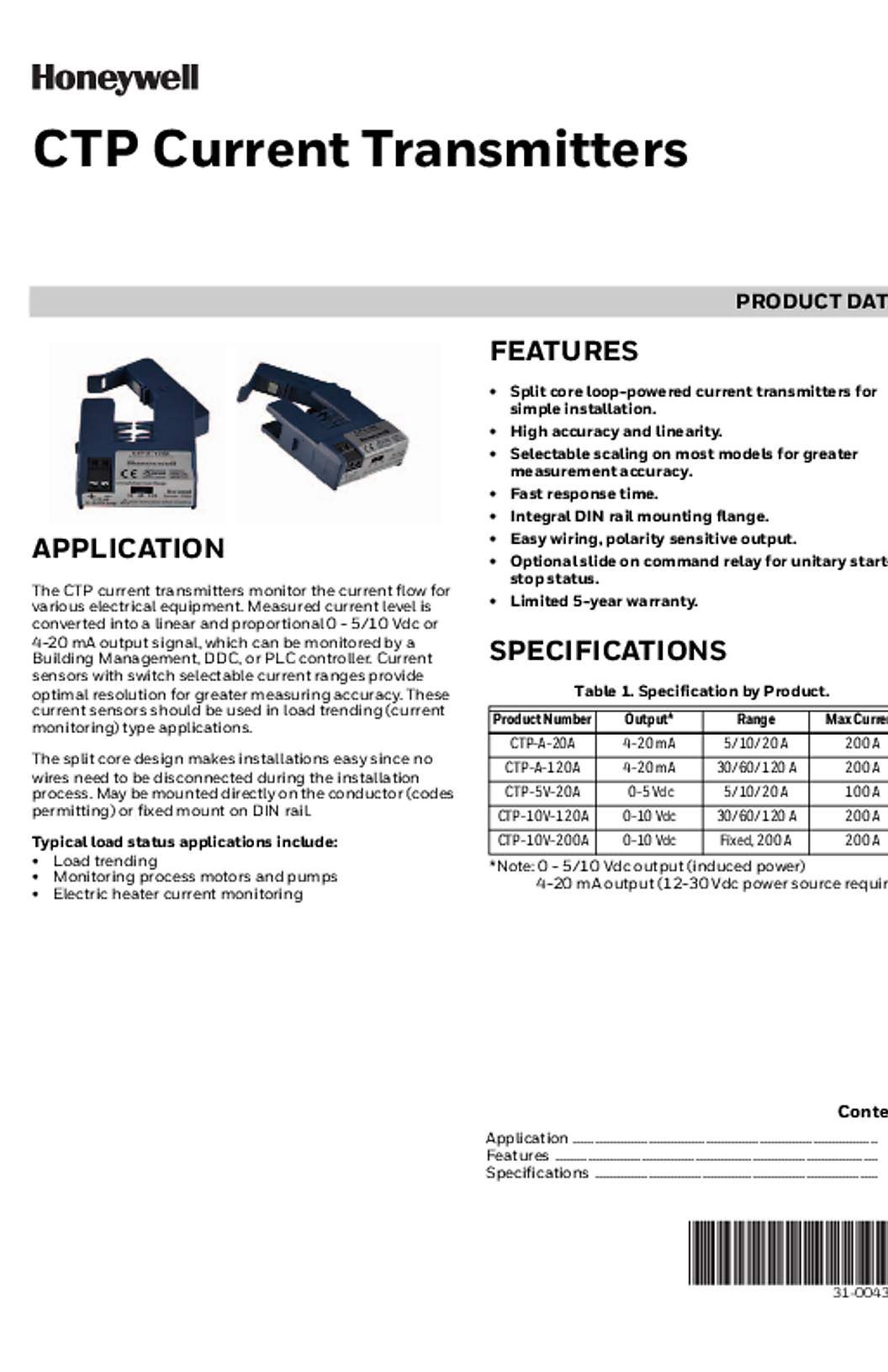 Honeywell CTP Current Transmitters Product Data