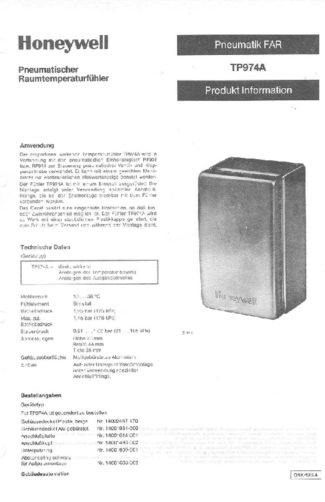 Honeywell Pneumatischer Raumtemperaturf�hler