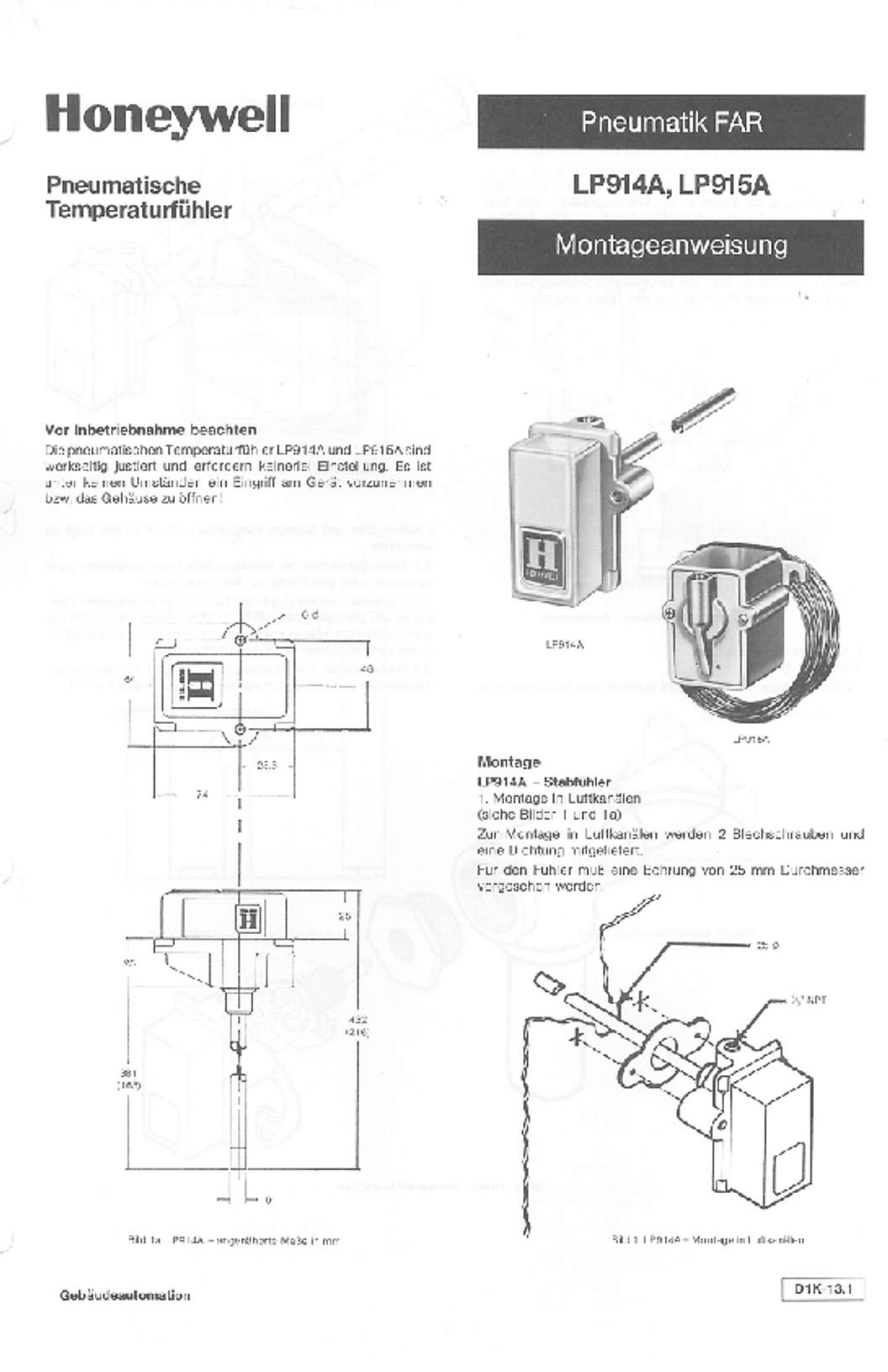 Honeywell Pneumatische Temperaturf�hler