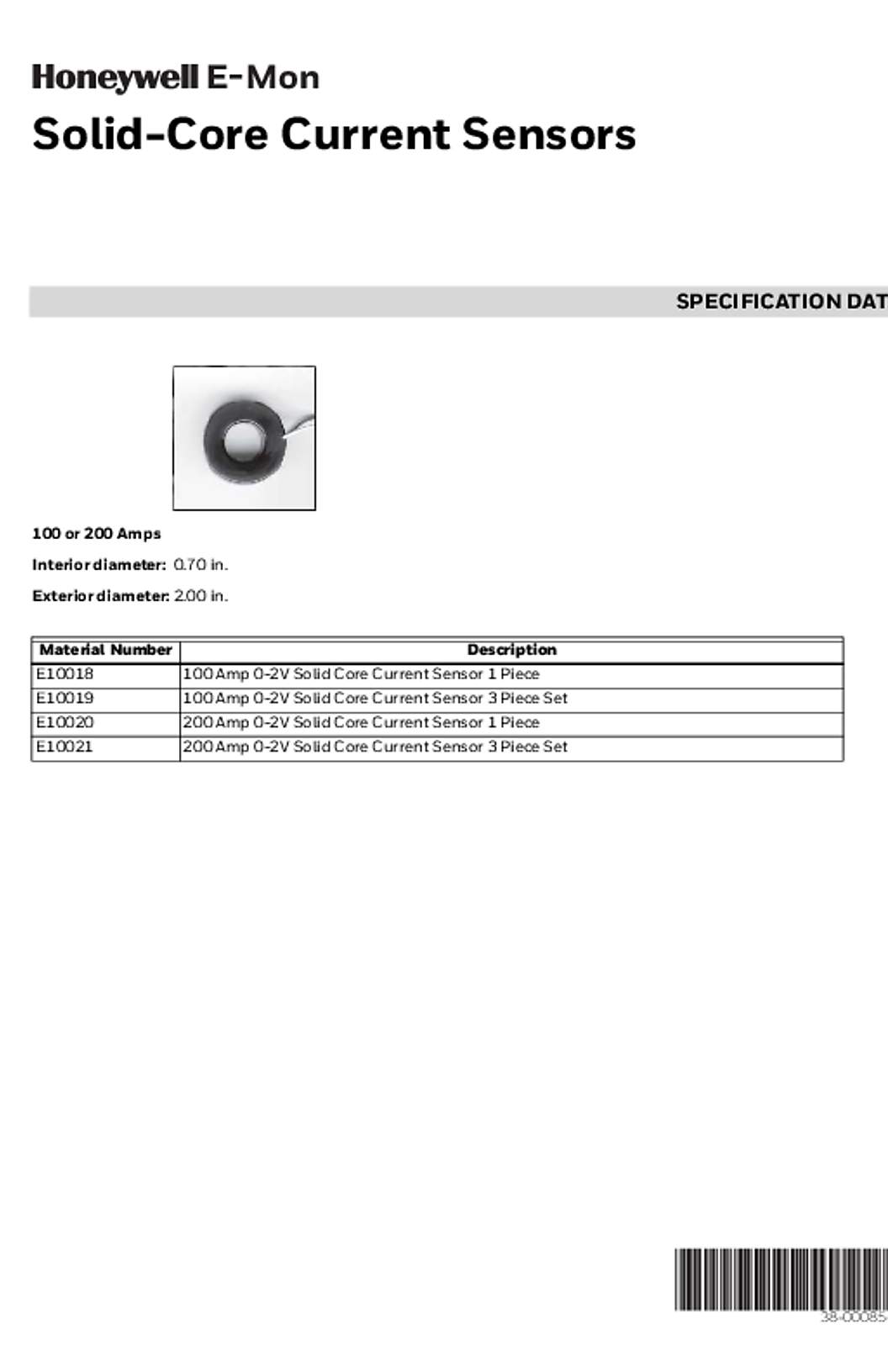 Honeywell E-Mon Class 1000, 2000, 3200, 3400, 5000 Solid-Core Current Sensor Specs 38-00085