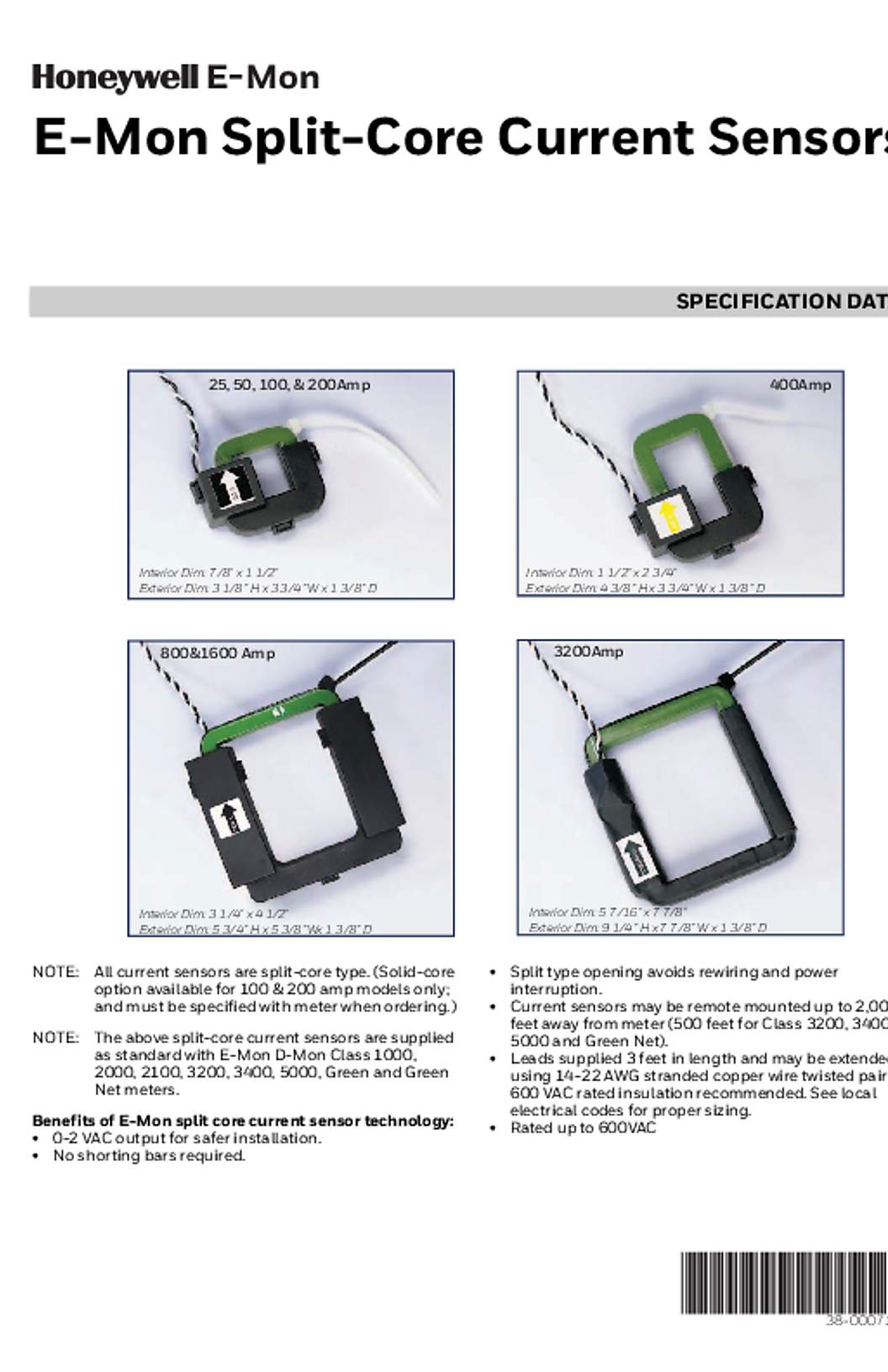 Honeywell E-Mon Class 1000, 2000, 3200, 3400 5000 Split Core Current Sensor Specs 38-00071