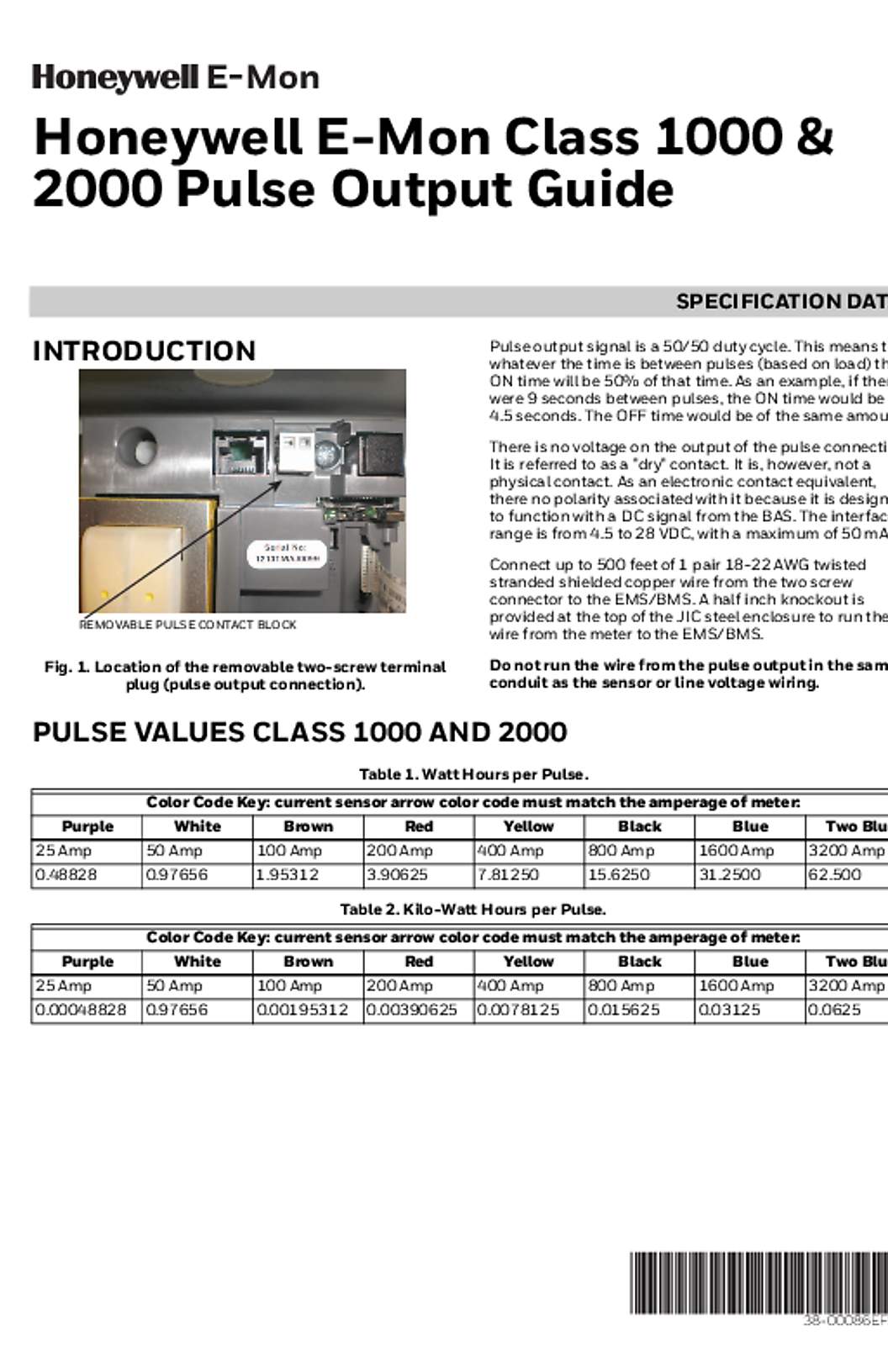 Honeywell E-Mon Class 1000-2000 Specification Data 38-00086EFS