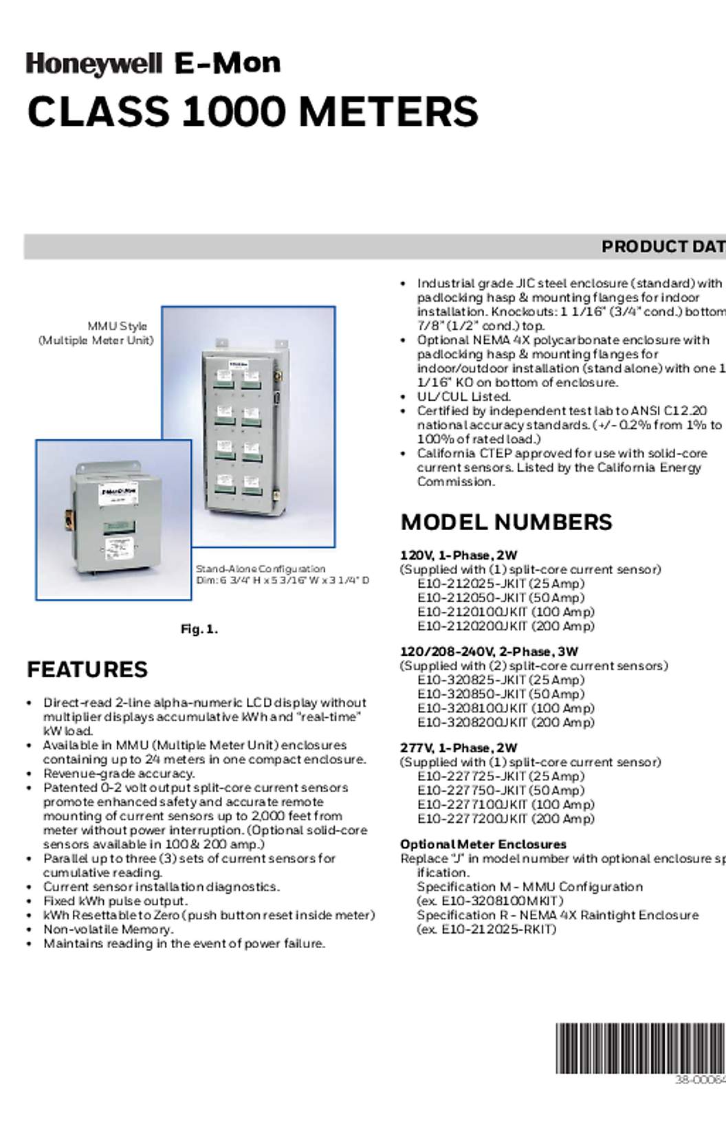 Honeywell E-Mon Class 1000 Meter Data Sheet 38-00064