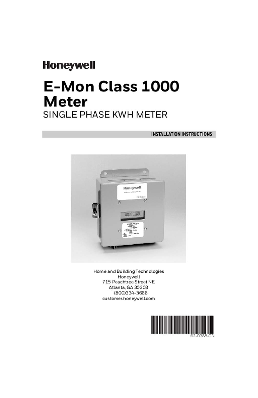 Honeywell E-Mon Class 1000 Meter Installation Instructions 62-0388