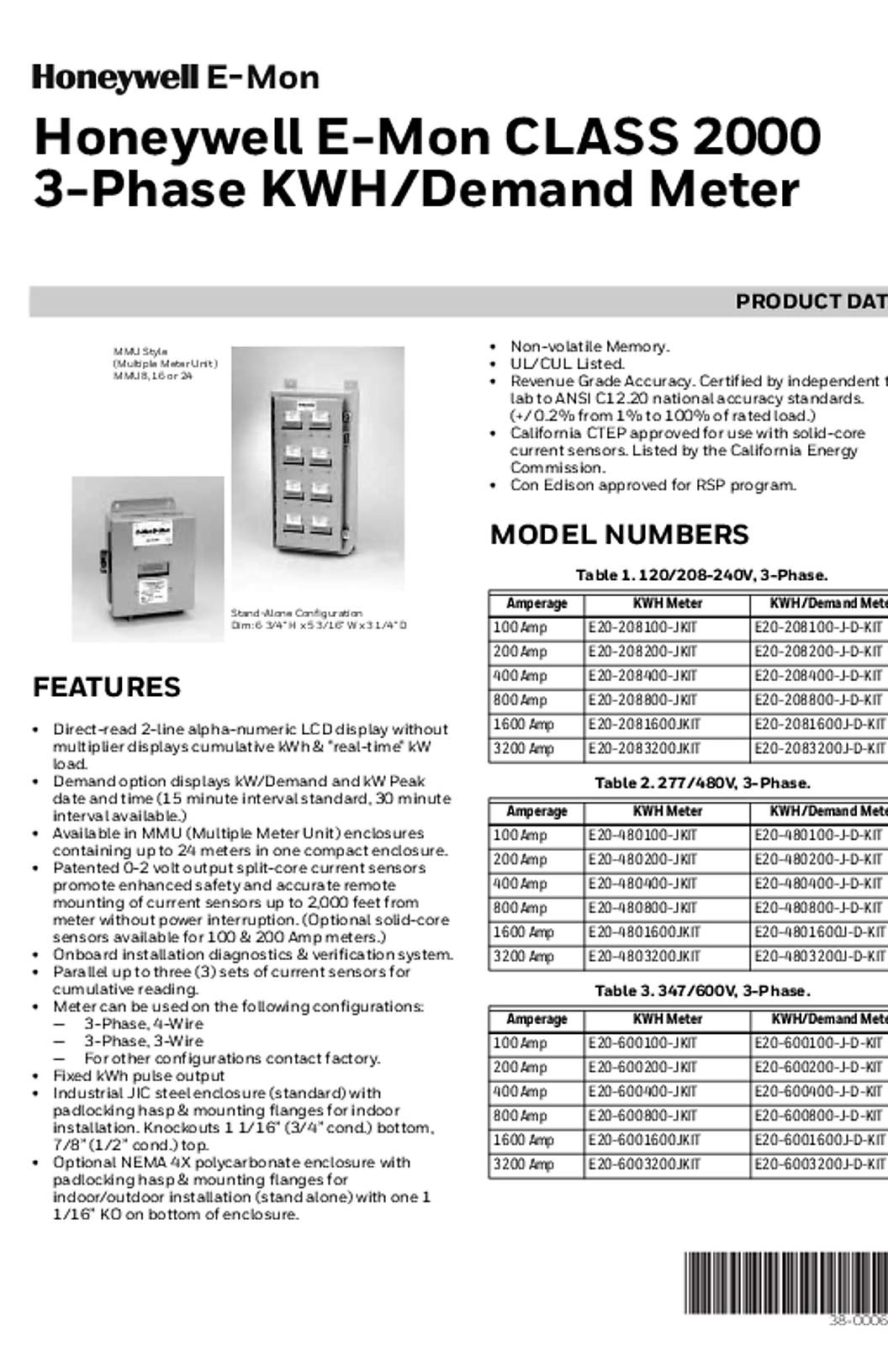 Honeywell E-Mon Class 2000 Meter Data Sheet 38-00065