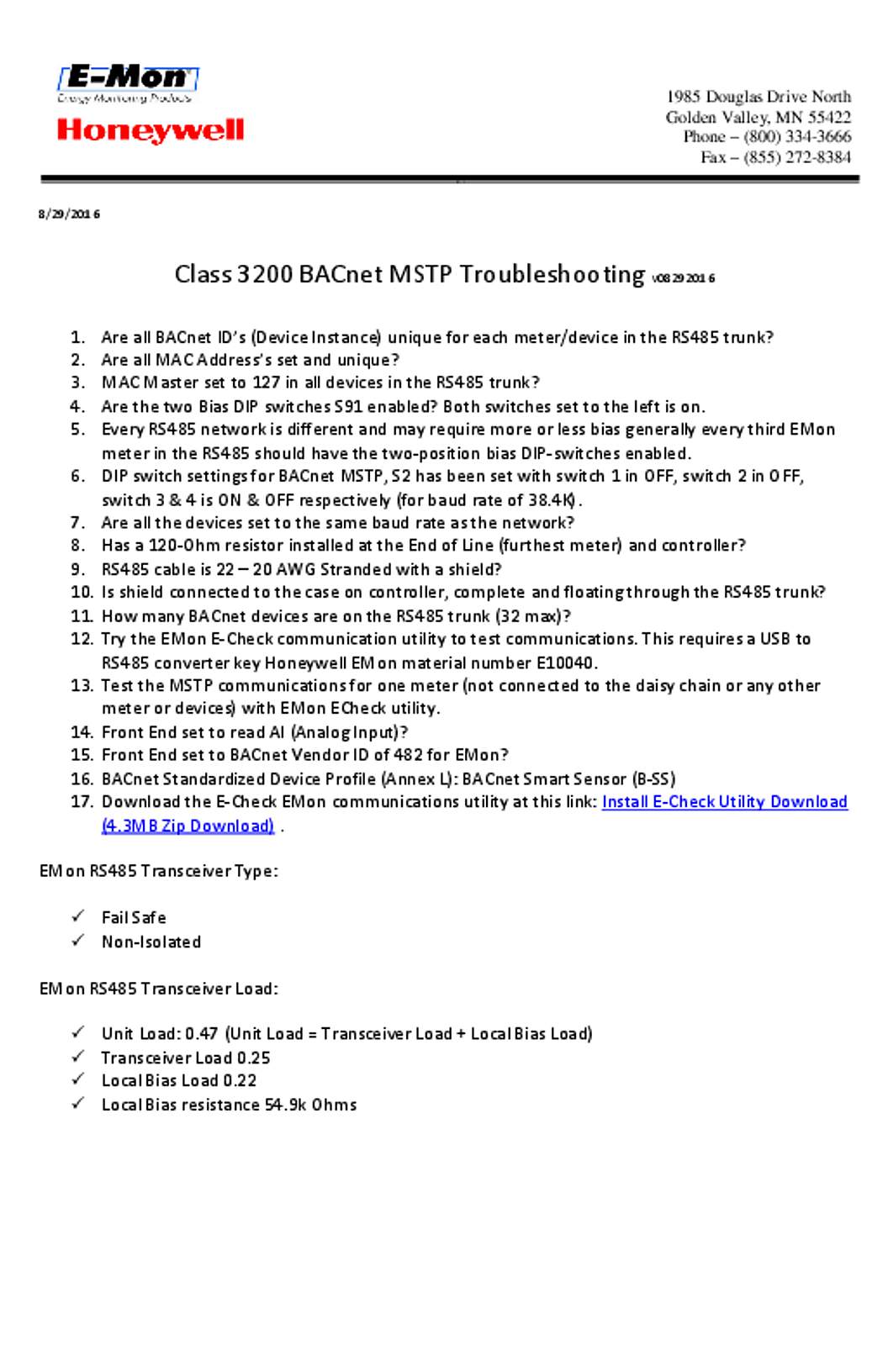 Honeywell E-Mon-Class-3200-BACnet-MSTP-Troubleshooting Tech Tip