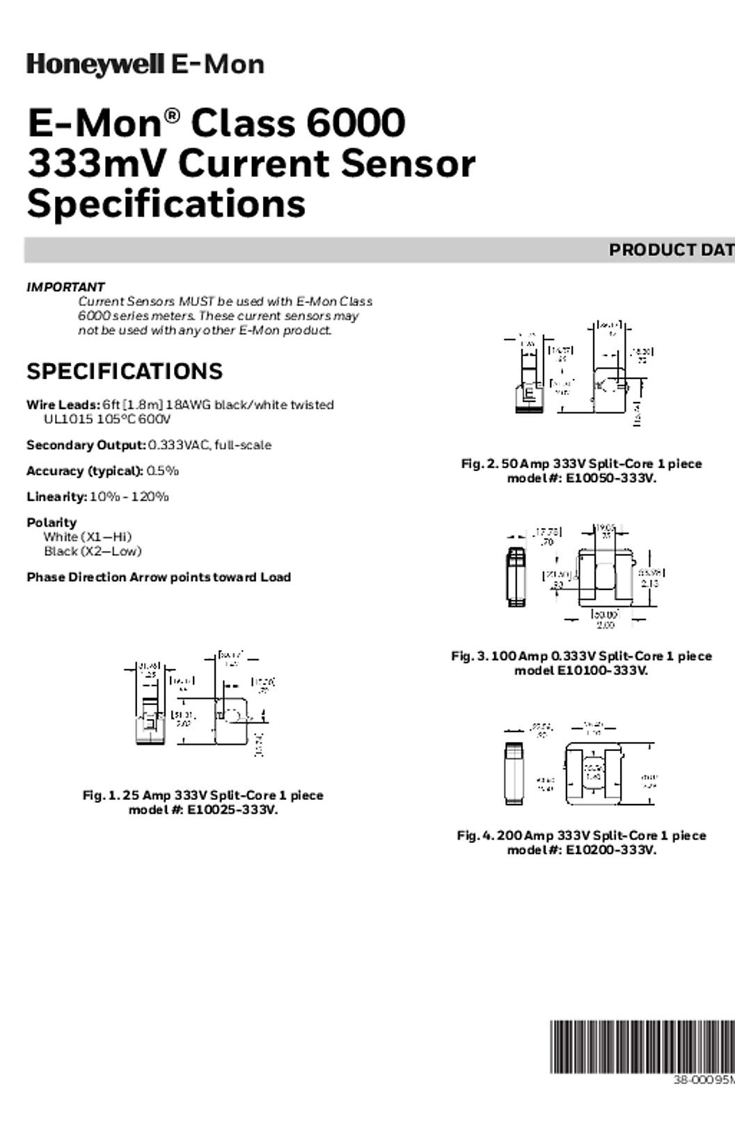 Honeywell E-Mon® Class 6000 333mV Current Sensor Specifications