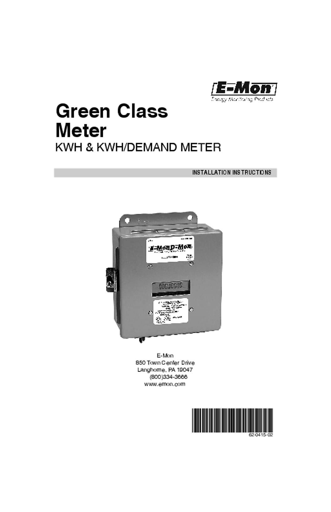 Honeywell E-Mon Green Class 2000 Meter Installation Instructions 62-0415