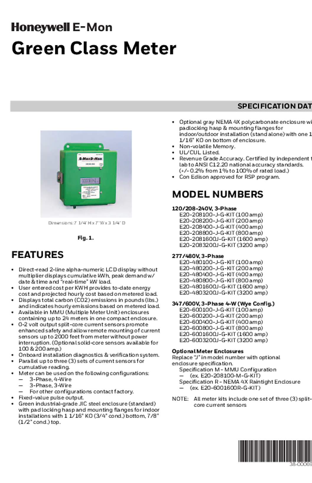 Honeywell E-Mon Green Class 2000 Meter Spec Data 38-00069