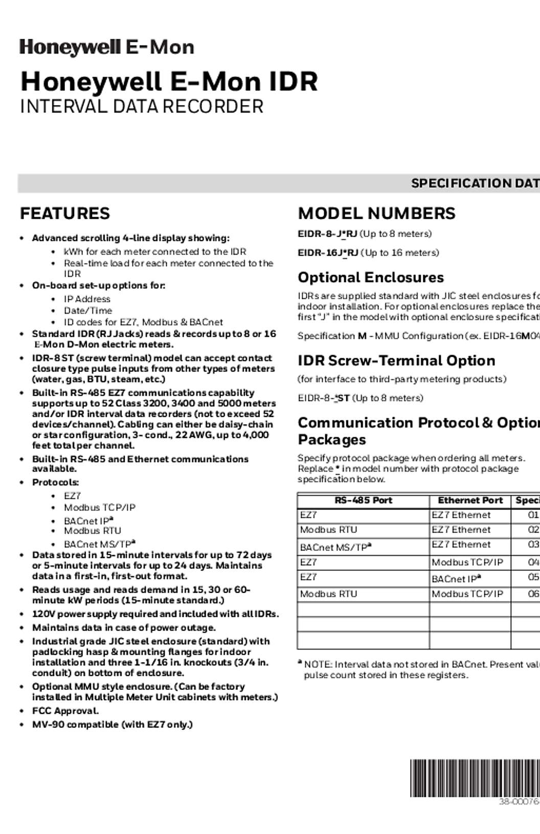 Honeywell E-Mon IDR Spec Data 38-00076