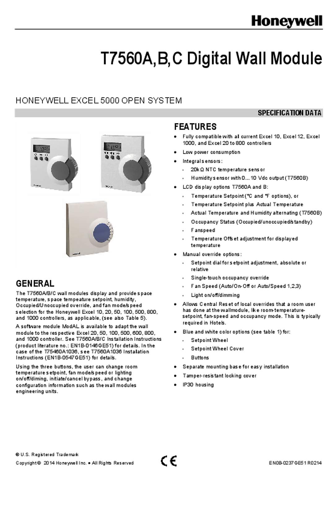 Honeywell T7560A,B,C Digital Wall Module