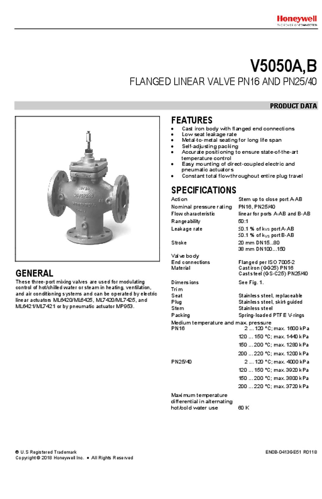 Honeywell V5050A,B FLANGED LINEAR VALVE PN16 AND PN25-40
