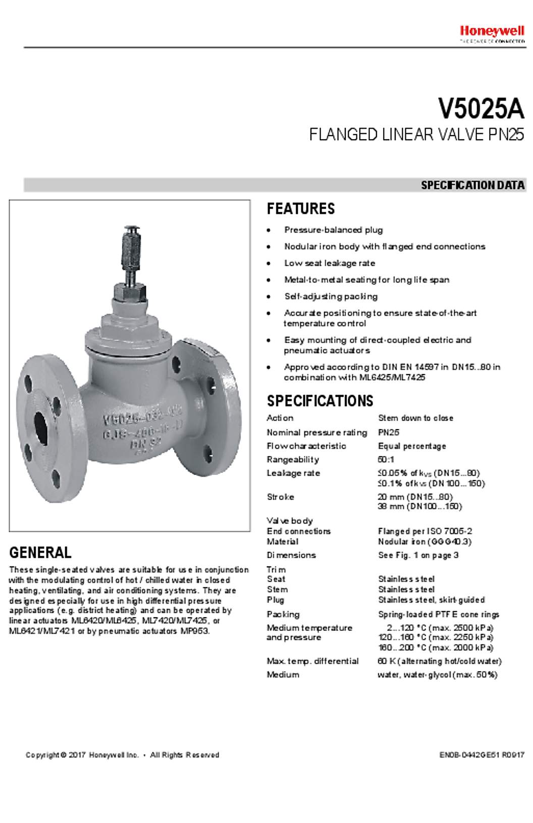 Honeywell V5025A FLANGED LINEAR VALVE PN25