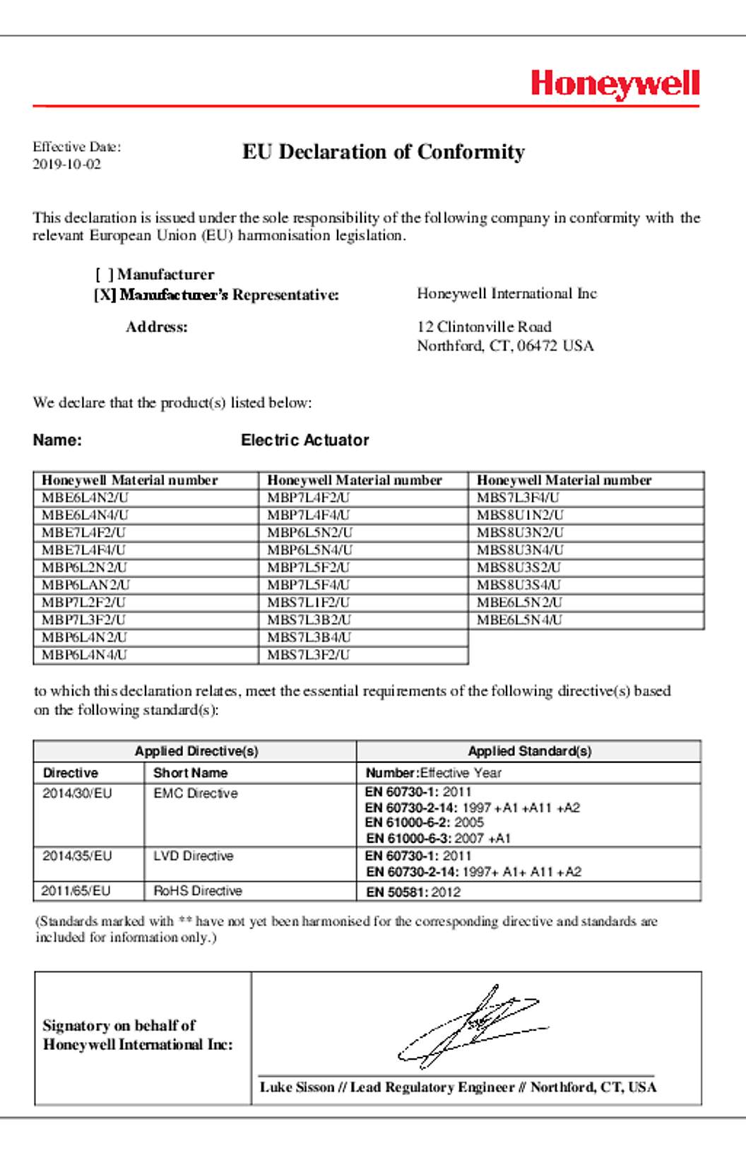 Honeywell EU Declaration of Conformity