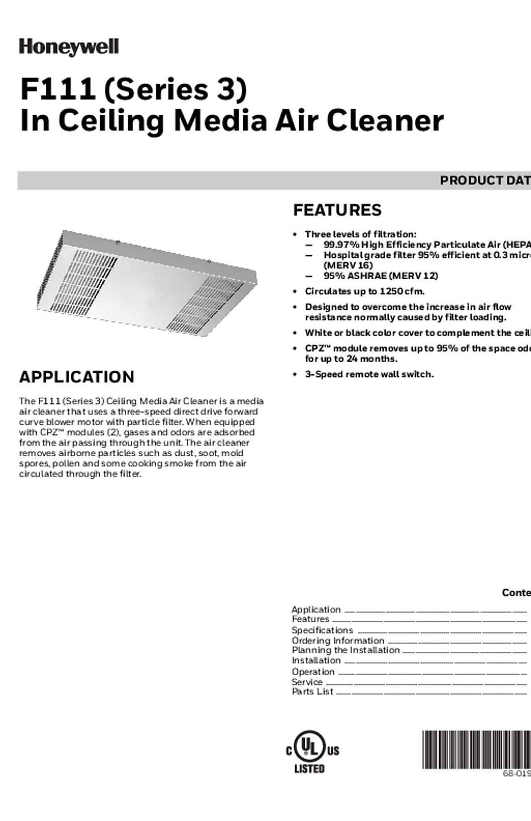 Honeywell 68-0275—05 - F111 (Series 3) In Ceiling Media Air Cleaner