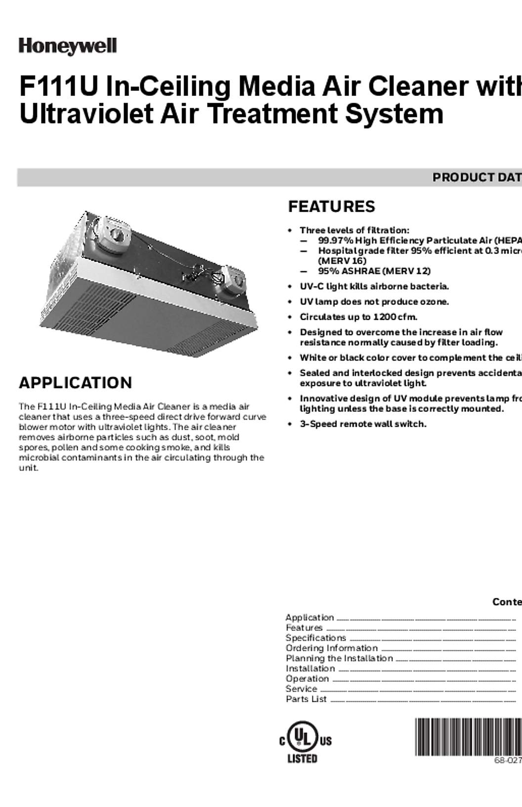 Honeywell 68-0275—03 - F111U In-Ceiling Media Air Cleaner with Ultraviolet Air Treatment System
