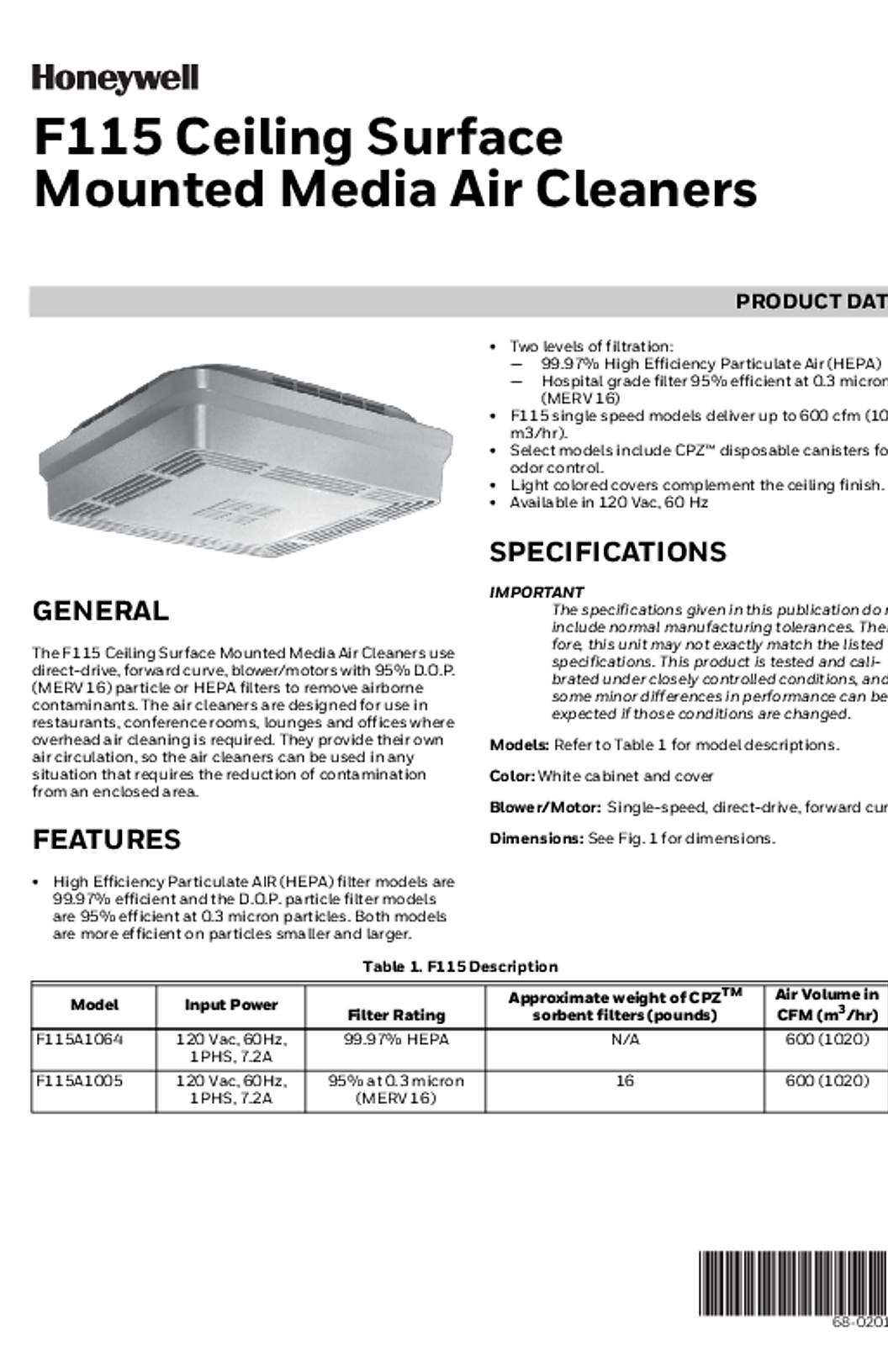 Honeywell 68-0201—05 - F115 Ceiling Surface Mounted Media Air Cleaners