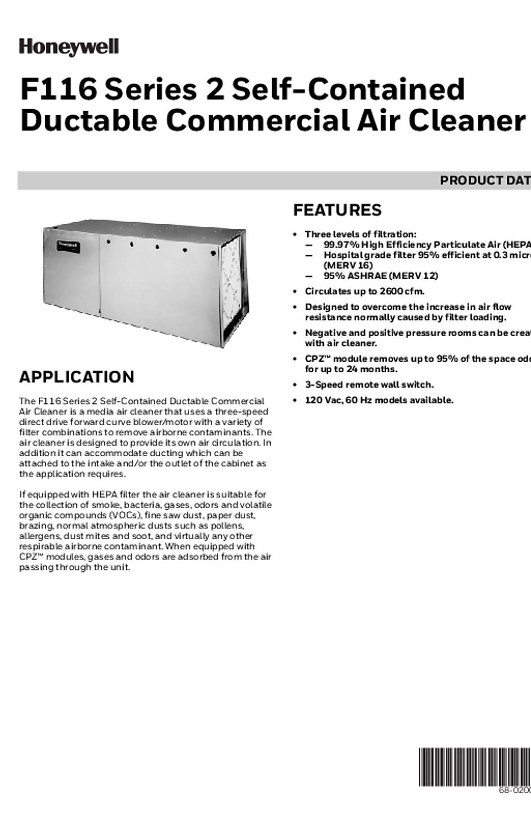 Honeywell 68-0200—07 - F116 Series 2 Self-Contained Ductable Commercial Air Cleaner