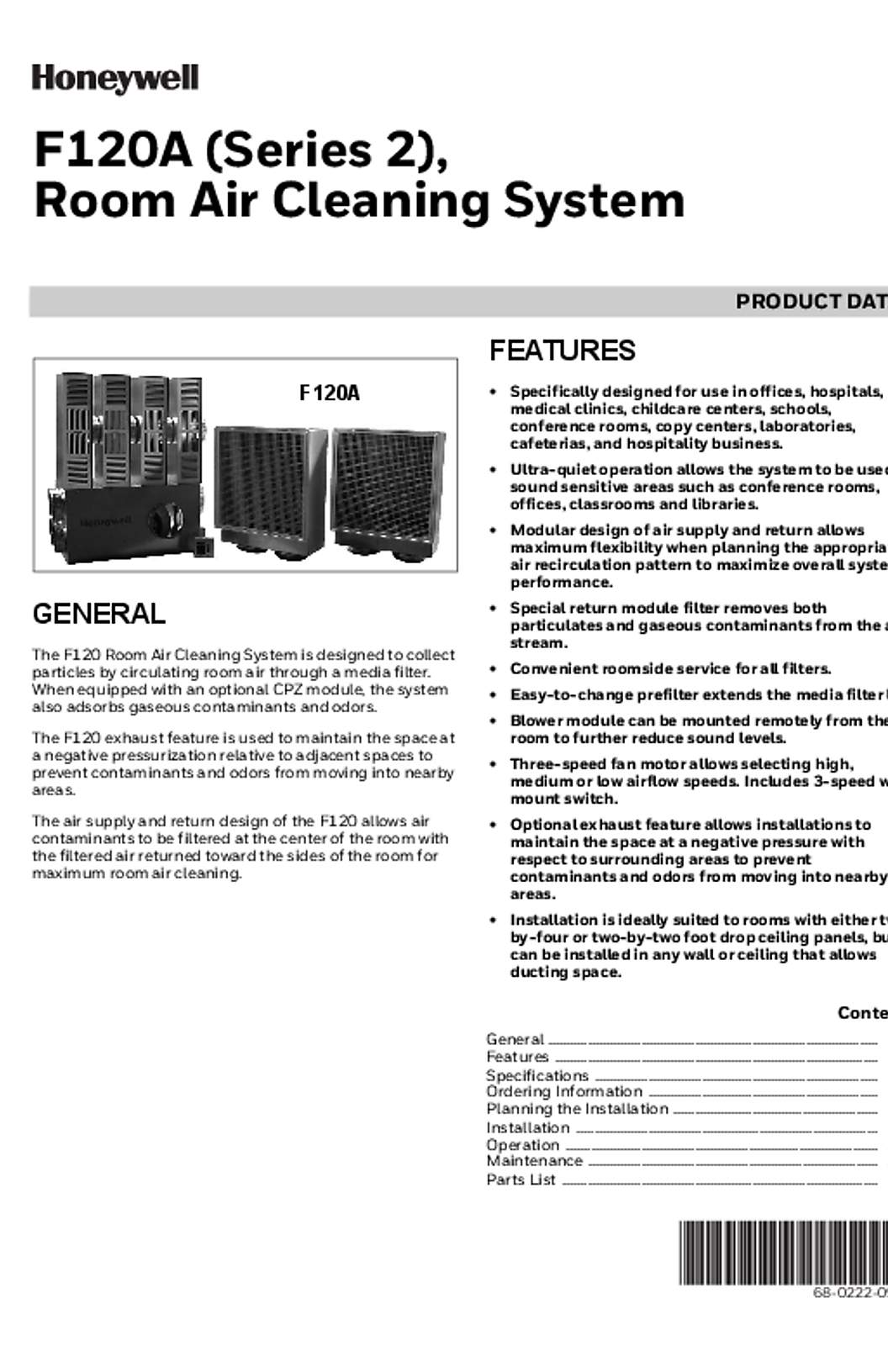 Honeywell 68-0222—09 - F120A (Series 2) Room Air Cleaning System
