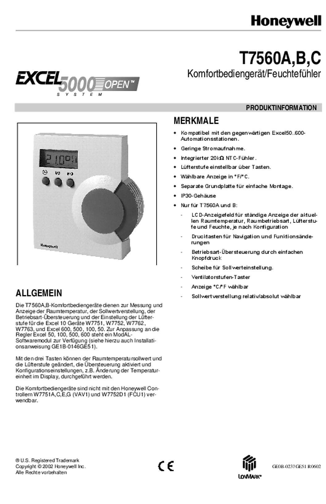 Honeywell T7560A,B,C Komfortbedienger�tFeuchtef�hler