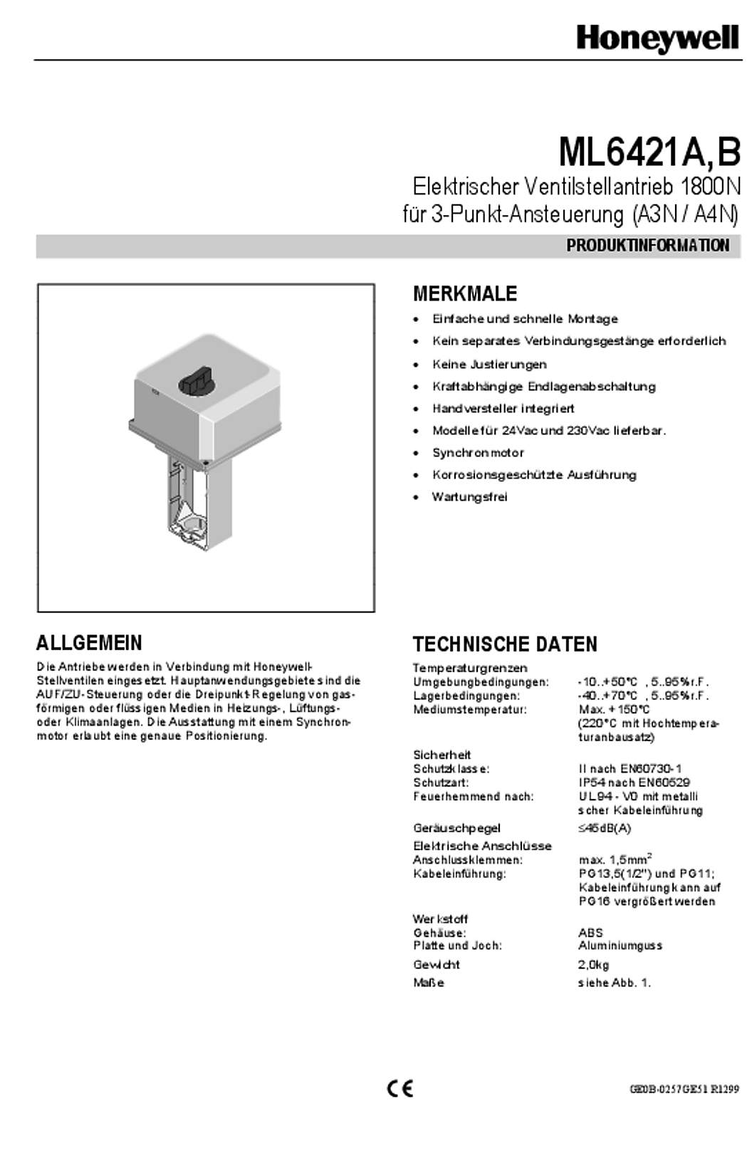 Honeywell ML6421A,B Elektrischer Ventilstellantrieb 1800N f�r 3-Punkt-Ansteuerung (A3N  A4N)