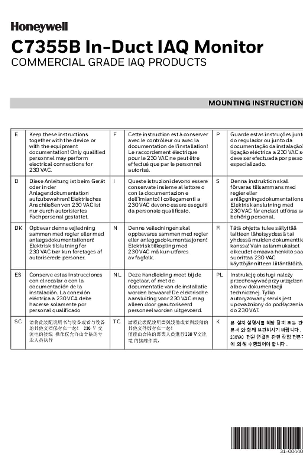 Honeywell C7355B In-Duct IAQ Monitor Mounting Instructions 31-00440