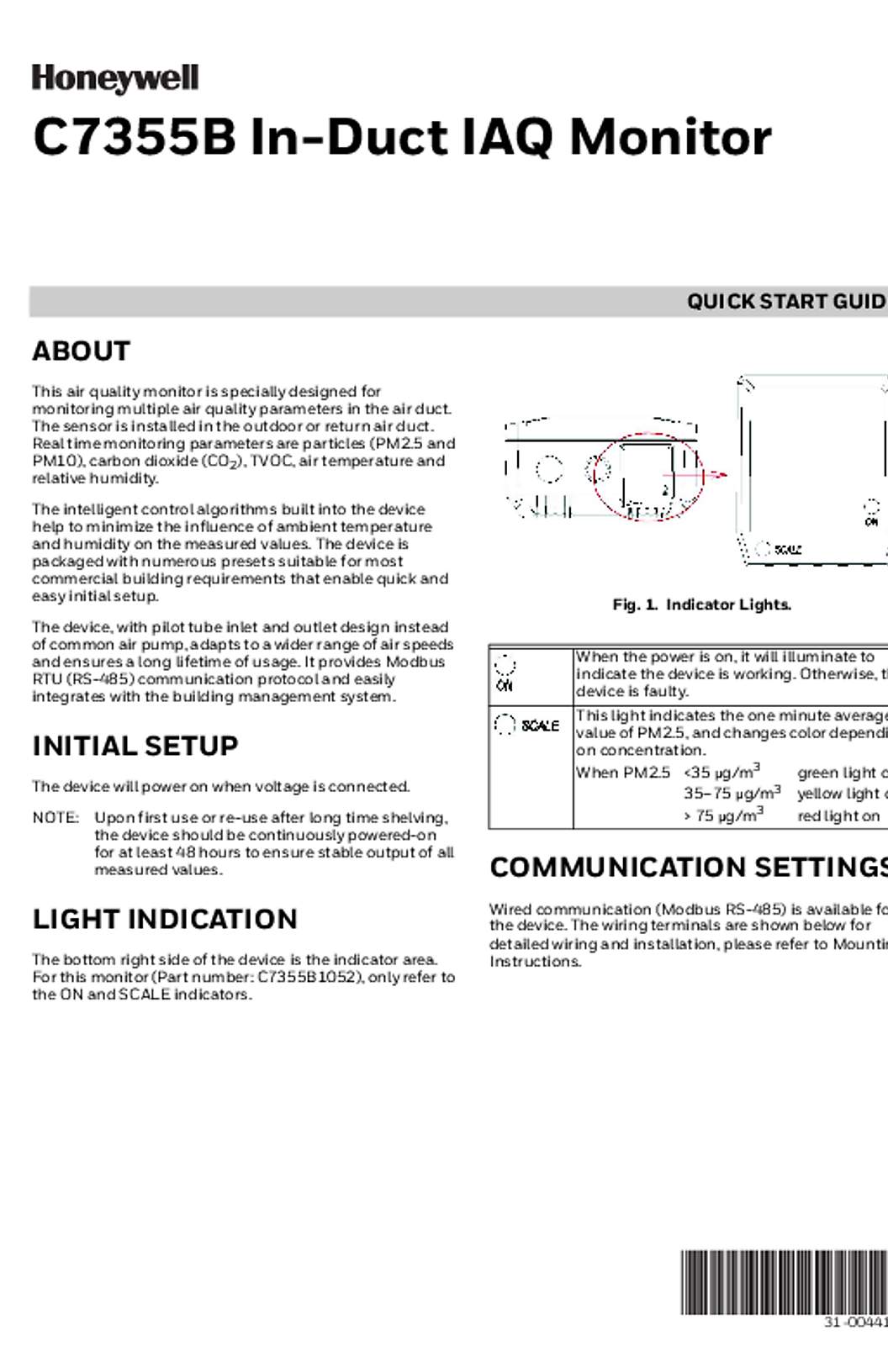 Honeywell C7355B In-Duct IAQ Monitor Quick Start Guide 31-00441