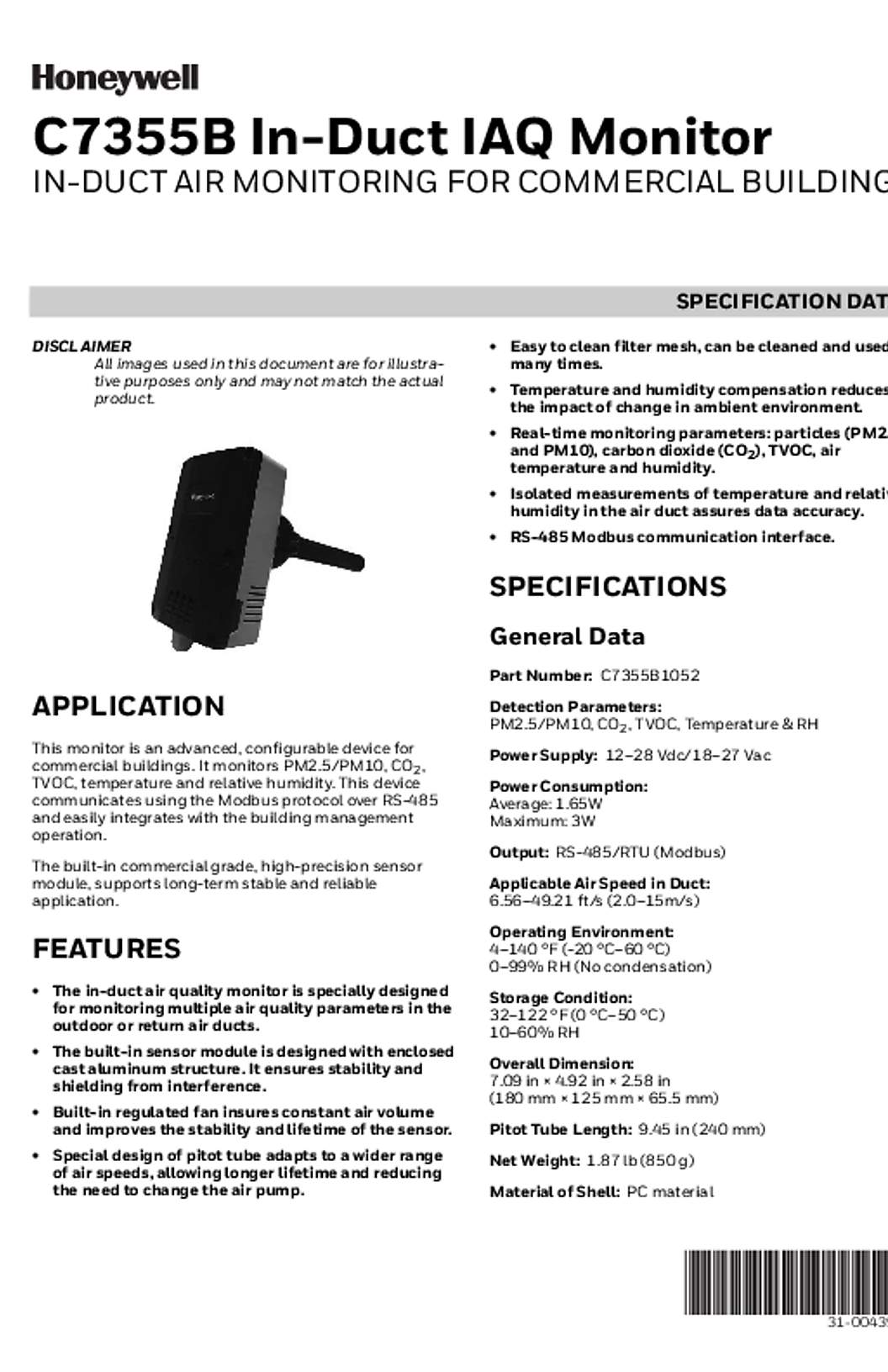 Honeywell C7355B In-Duct IAQ Monitor Specification Data 31-00439