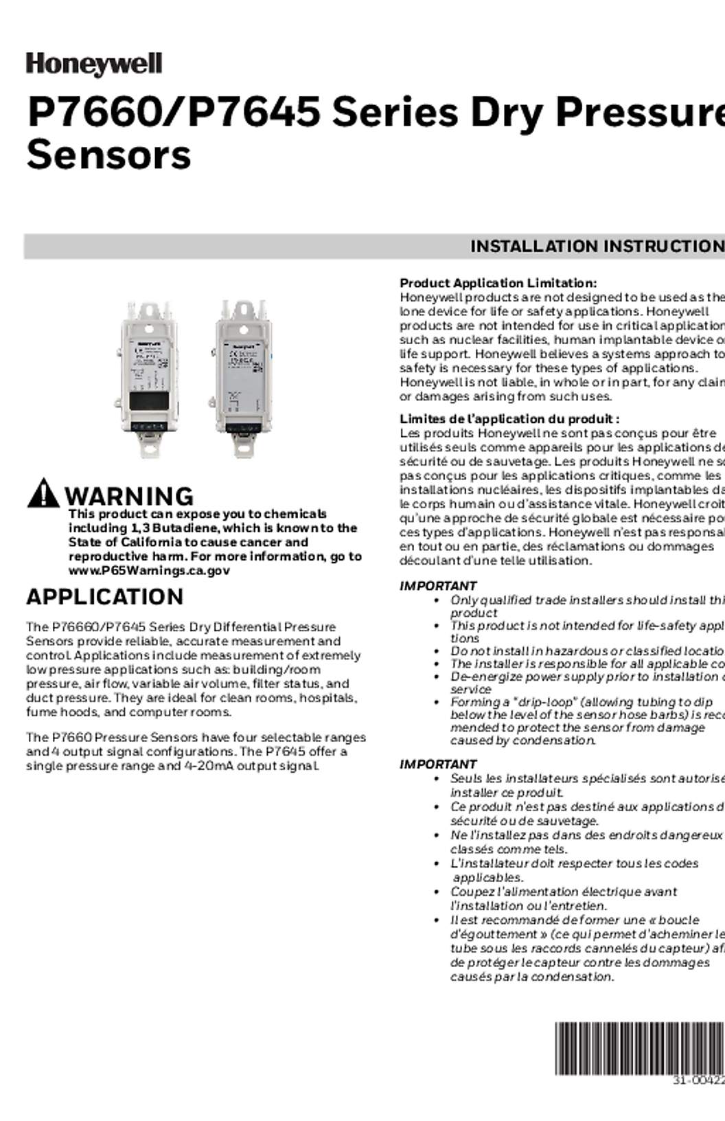 Honeywell P7660/P7645 Series Dry Pressure Sensors Installation Instructions